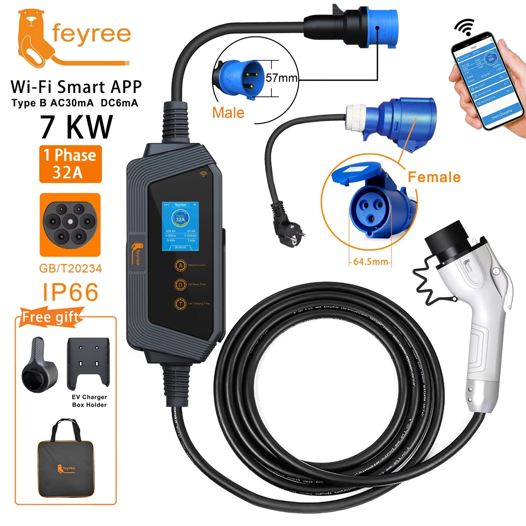 Portable EV charger with a blue CEE plug. This 7kW model has an IP66 waterproof rating and Type B leakage protection.