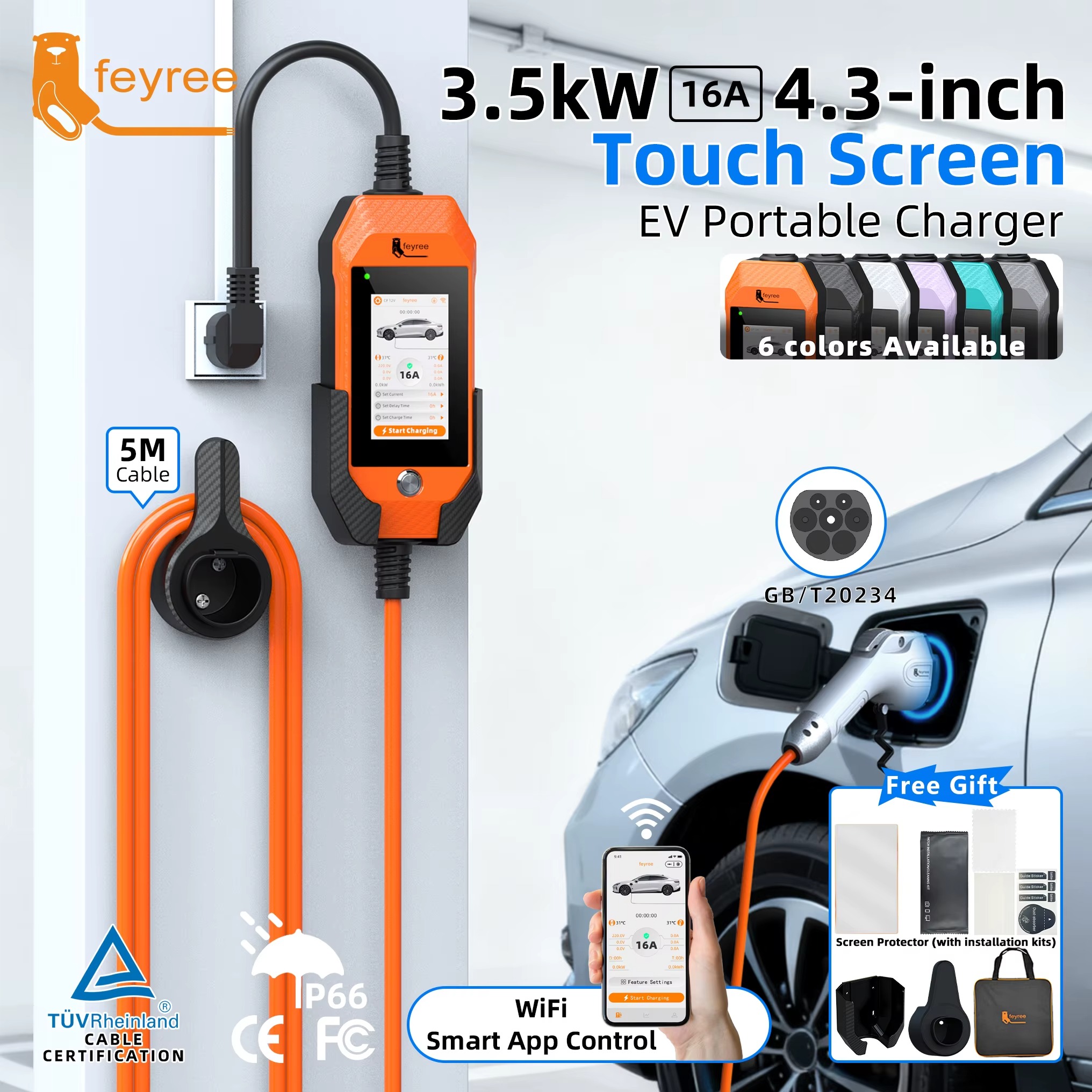 Feyree GB/T EV Charger 16A 3.5kW Portable Charger 1P 4.3'' Touchscreen Smart APP OTA Version Current Adjustable for Electric Car