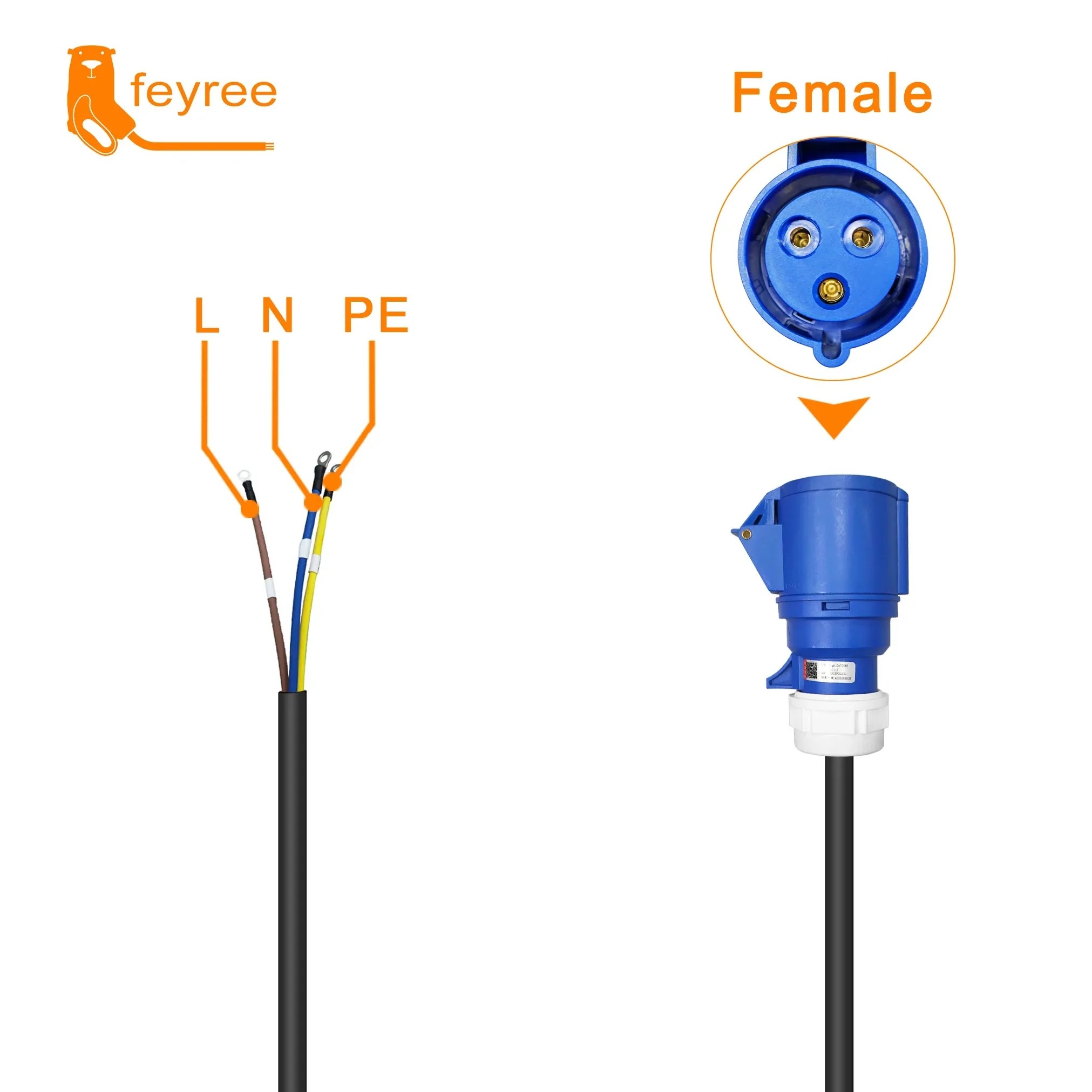 Feyree EV Charger CEE Female Plug Adapter Waterproof Connection WallMount Socket 16A/32A 1/3Phase 7kW 11kW 22kW Portable Charger
