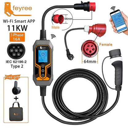 feyree Type 2 Portable EV Charger 11KW 16A 3 Phase Wi-Fi APP Bluetooth Version EVSE Charging Cable 5m CEE Plug for Electric Car