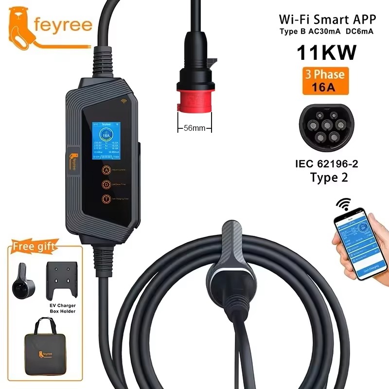 feyree Type2 11KW  Portable EV Charger 11KW 16A 3P Car Charger Wi-Fi APP Control EVSE Charging Box CEE Plug for Electric Vehicle