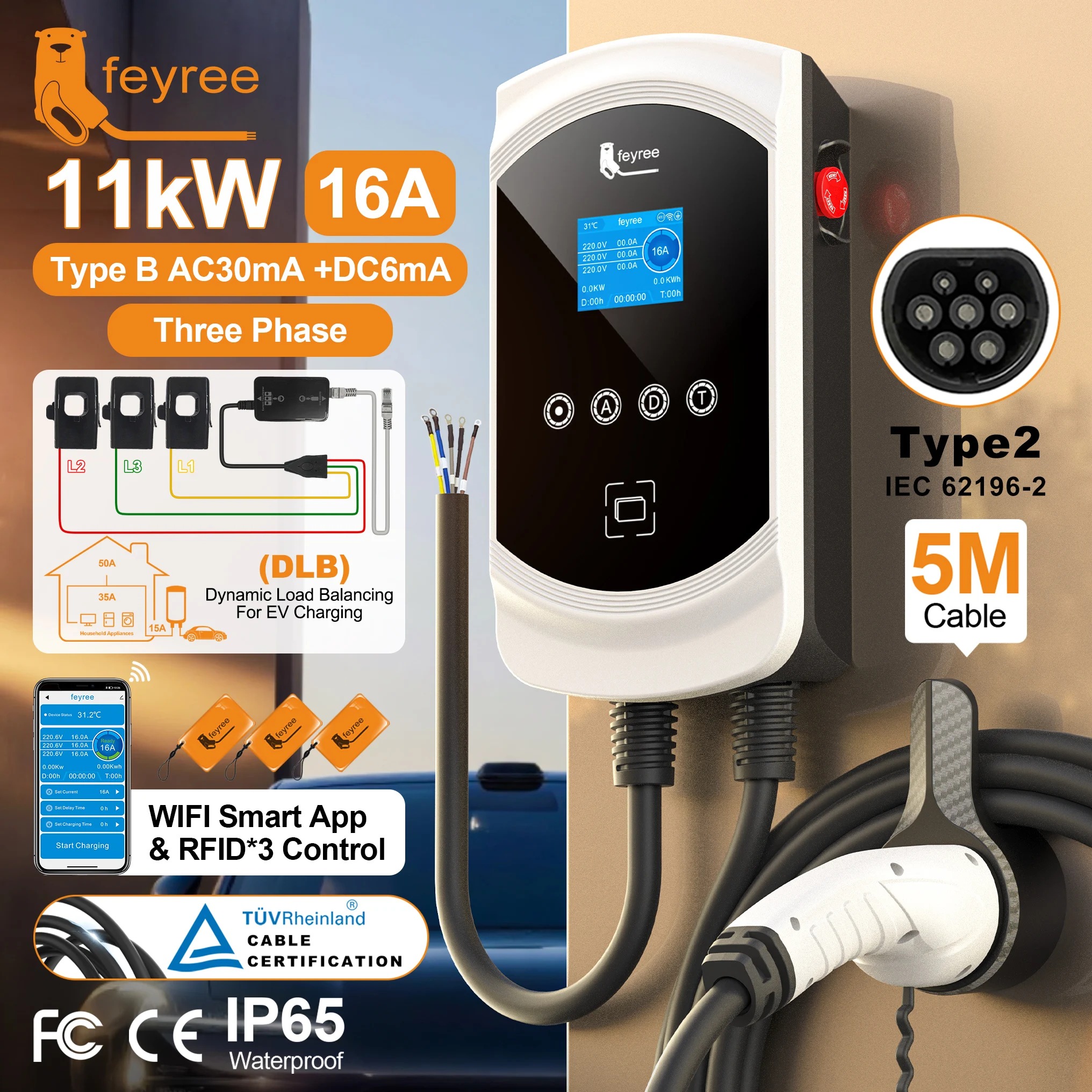 Feyree EV Charger Type2 Dynamic Load Blancing Wallbox 7.6KW 11KW 22KW 
