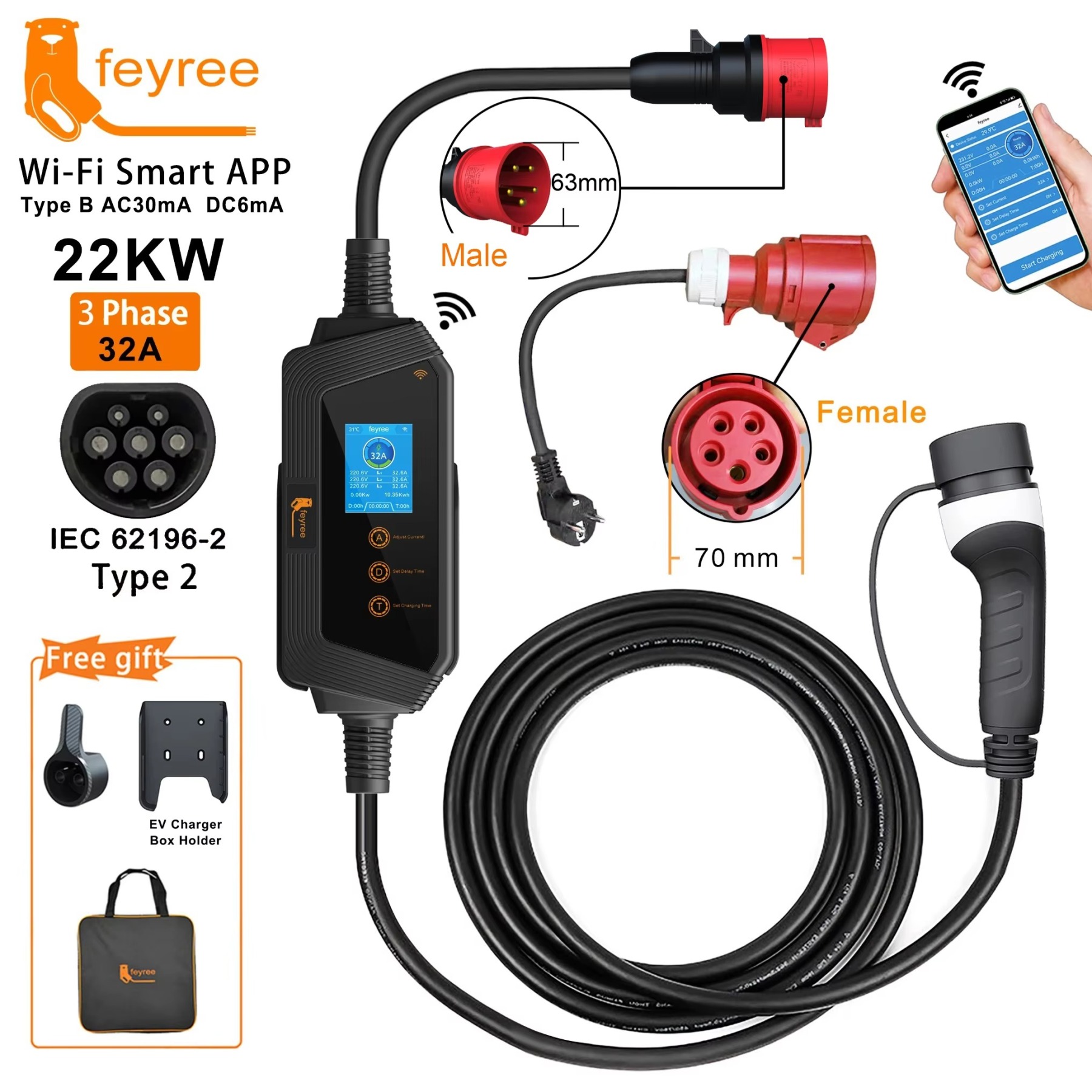 
22kW, 3-phase electric vehicle charger with a Type 2 connector, smart app control, and a portable bag and box holder as a free gift.