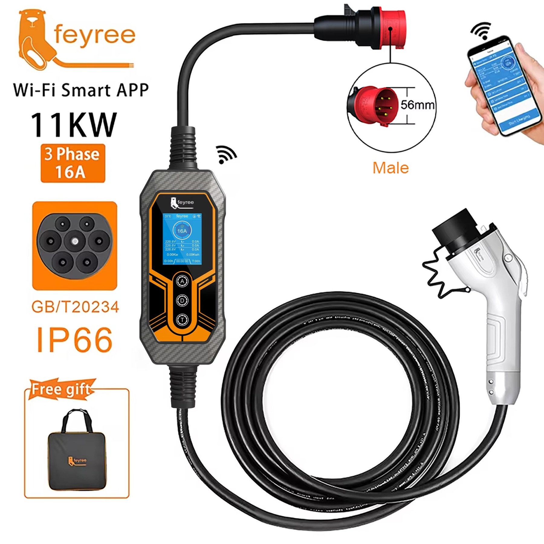  portable 11KW, 3-phase EV charger with a GB/T20234 connector and a red CEE plug. The charger features Wi-Fi smart app control and has an IP66 waterproof rating, with a carrying bag included.