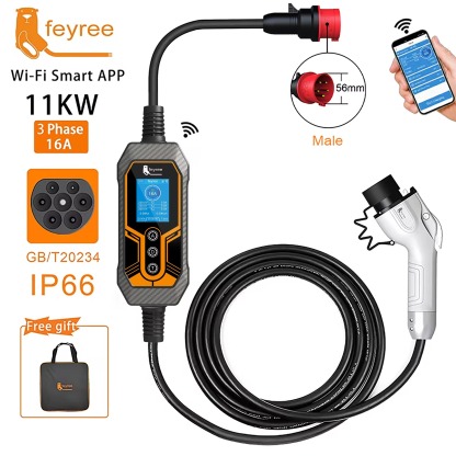 feyree GB/T 11KW 16A 3Phase Portable EV Charger Smart APP WIFI Version 5m Cable Gift Bag for Electric Vehicle Charging Station