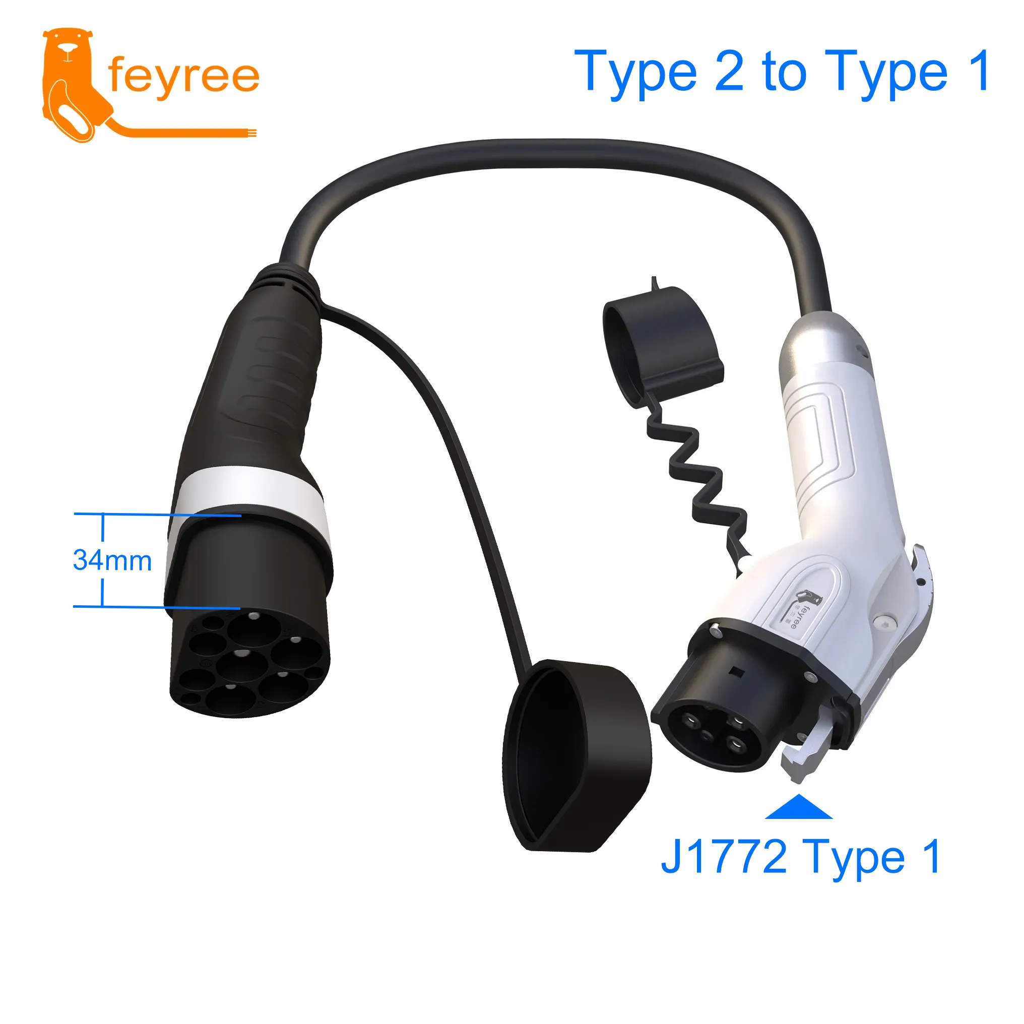 Universal Type 2 to J1772 Type 1 EV charging adapter for reliable compatibility with most American and Asian EVs.