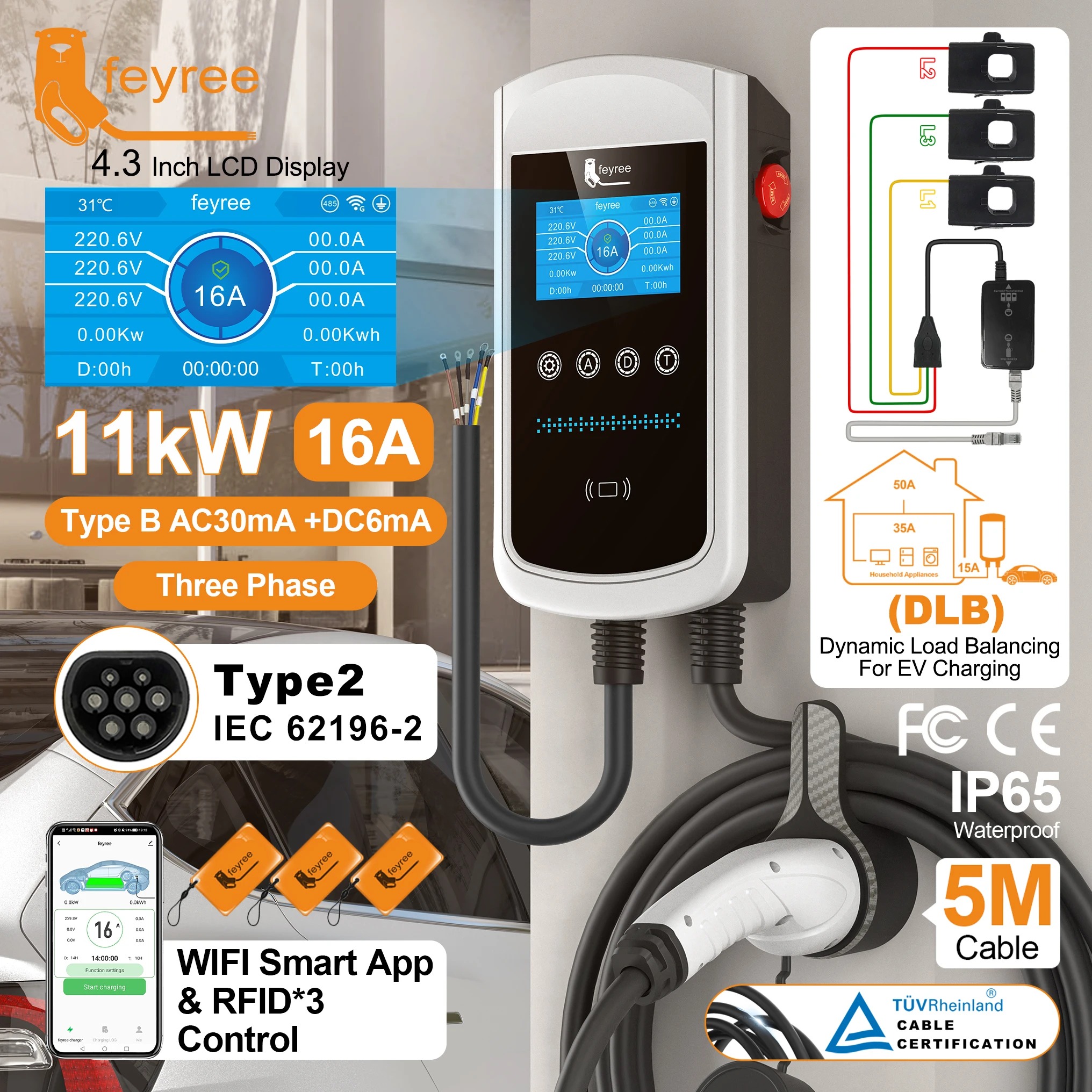 feyree Type2 EV Charger 4.3inch Screen 32A 7.6KW Dynamic Load Blancing 11KW 22KW 3Phase EVSE Wallbox APP with charge history