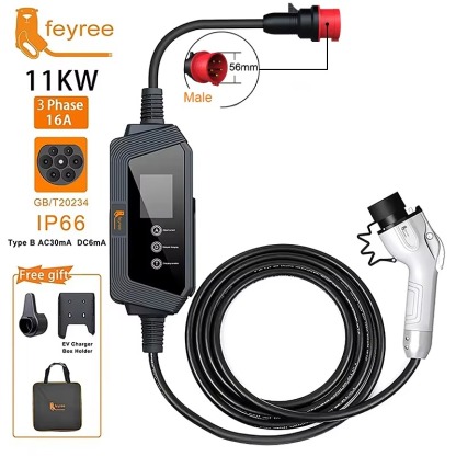 feyree GB/T 11KW EV Portable Charger GBT Socket 16A 3Phase EVSE Charging Box Adjust Current Set Delay Charging time for Electric Car