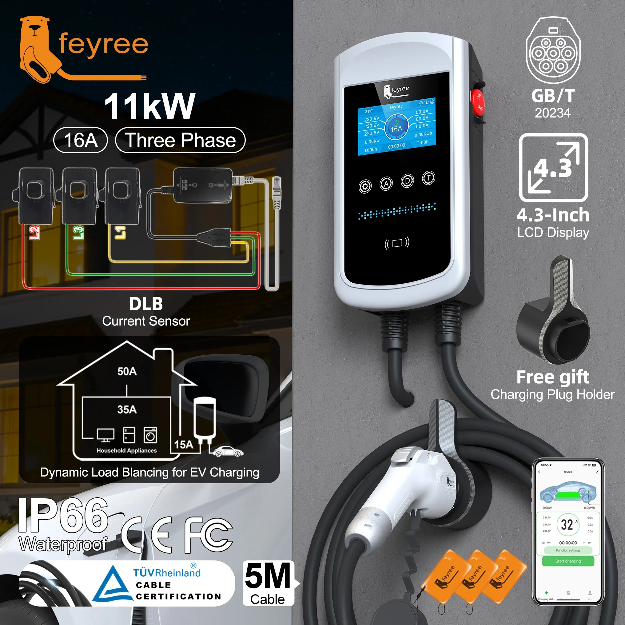 feyree DLB EV Charger GB/T Charger Plug 22kW 32A 3P Fast EV Charger 4.3inch Screen EVSE Wallbox Charging Station for ElectricCar