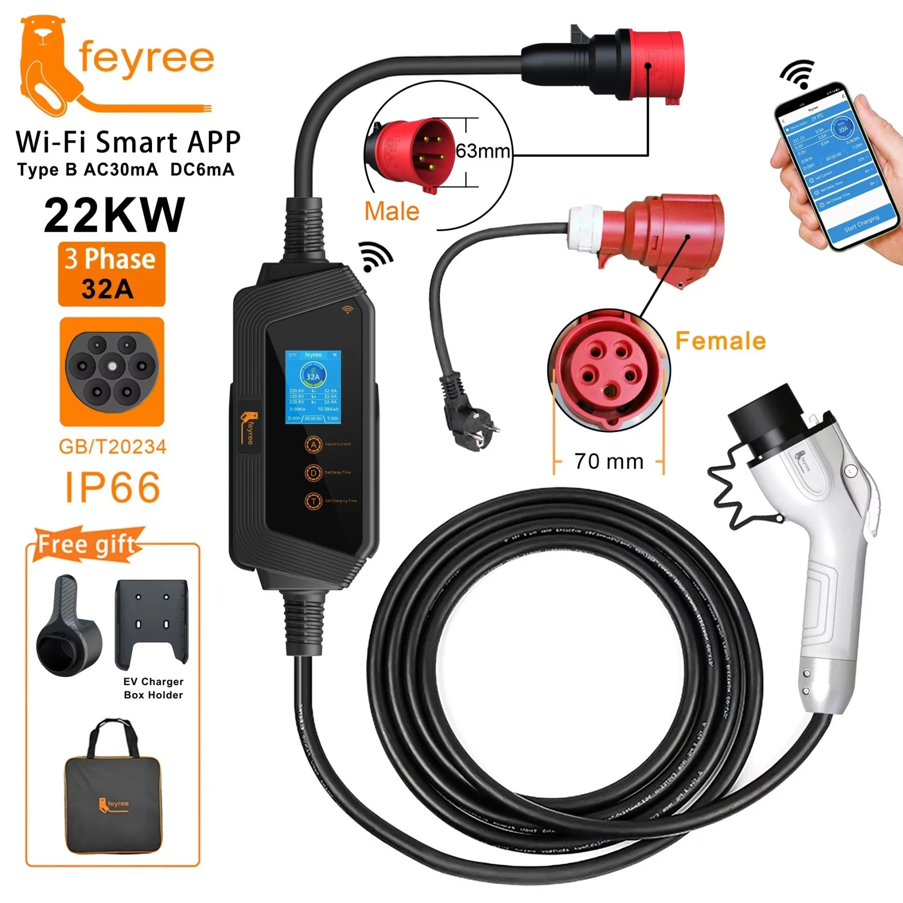 Portable EV charger with Wi-Fi app control. Supplies 22kW, 3-phase, 32A power with a GB/T connector.