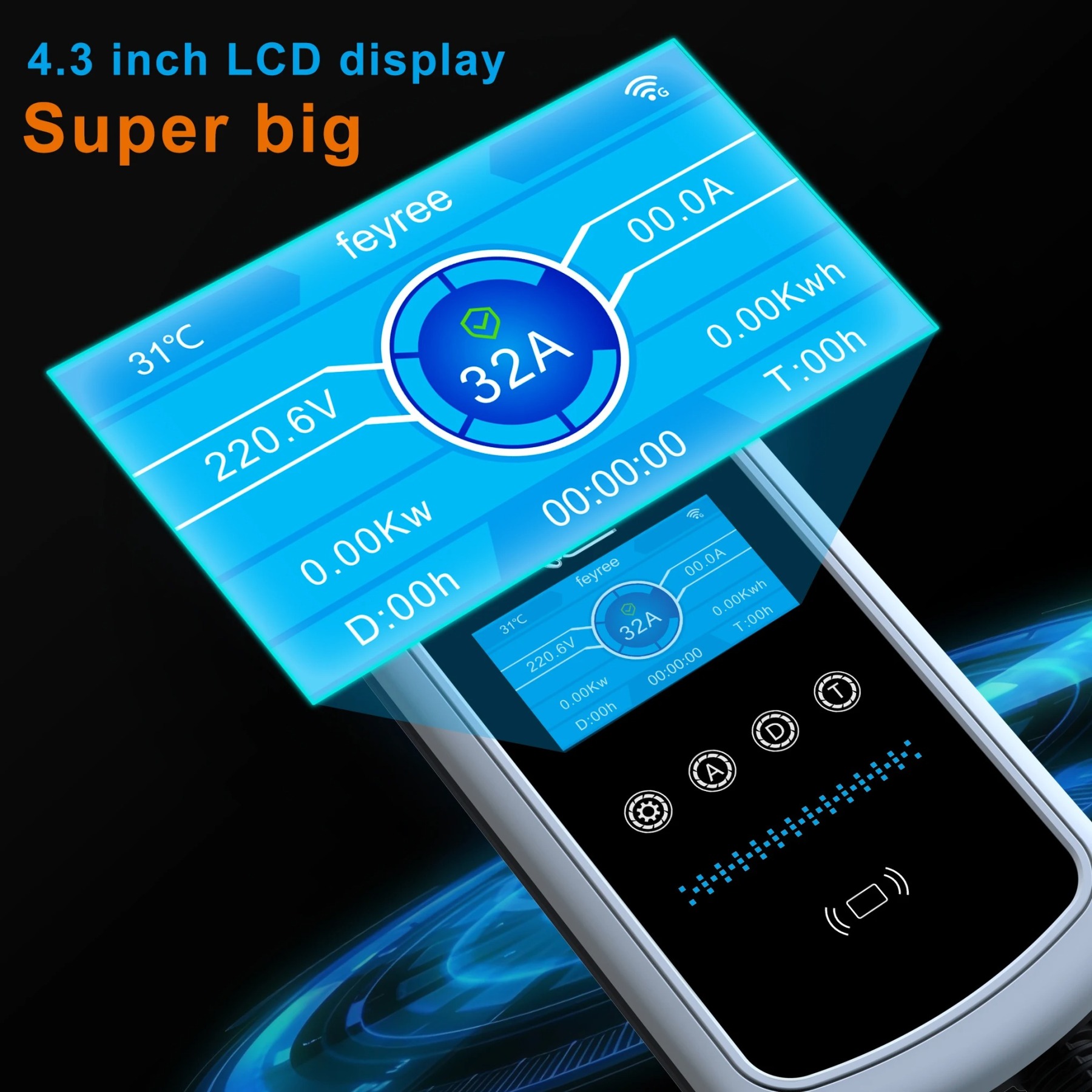 feyree Type1 EV Charging Station 7KW 9.6KW 12KW With APP Control 4.3″ Screen-feyree