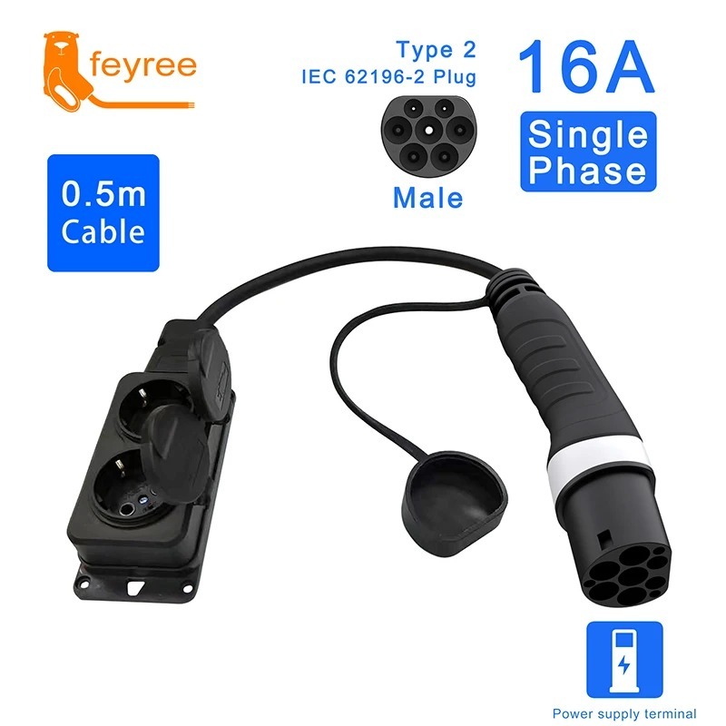 16A Single Phase Type 2 EV charging adapter with a 0.5m cable for reliable and safe use with European dual sockets.