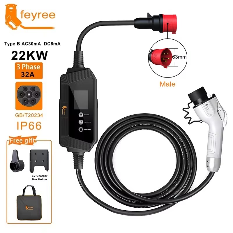 feyree GB/T 22KW 32A 3Phase Portable EV Charger GB/T Plug Fast Charging Box 5m Cable Adjust Current for Electric Car Charging Station