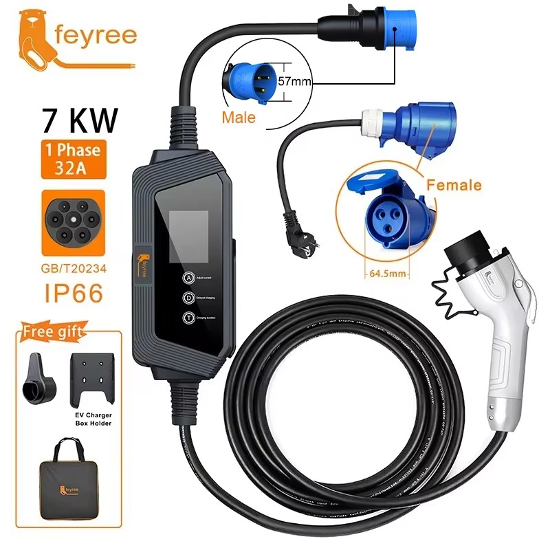 feyree GB/T EV Charger Portable 7KW 32A 1Phase Charger 5M Cable with CEE Plug for Electric Vehicle Car Charger EVSE Charging Box