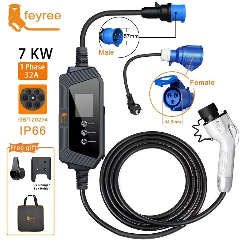 feyree GB/T EV Charger Portable 7KW 32A 1Phase Charger 5M Cable with CEE Plug for Electric Vehicle Car Charger EVSE Charging Box