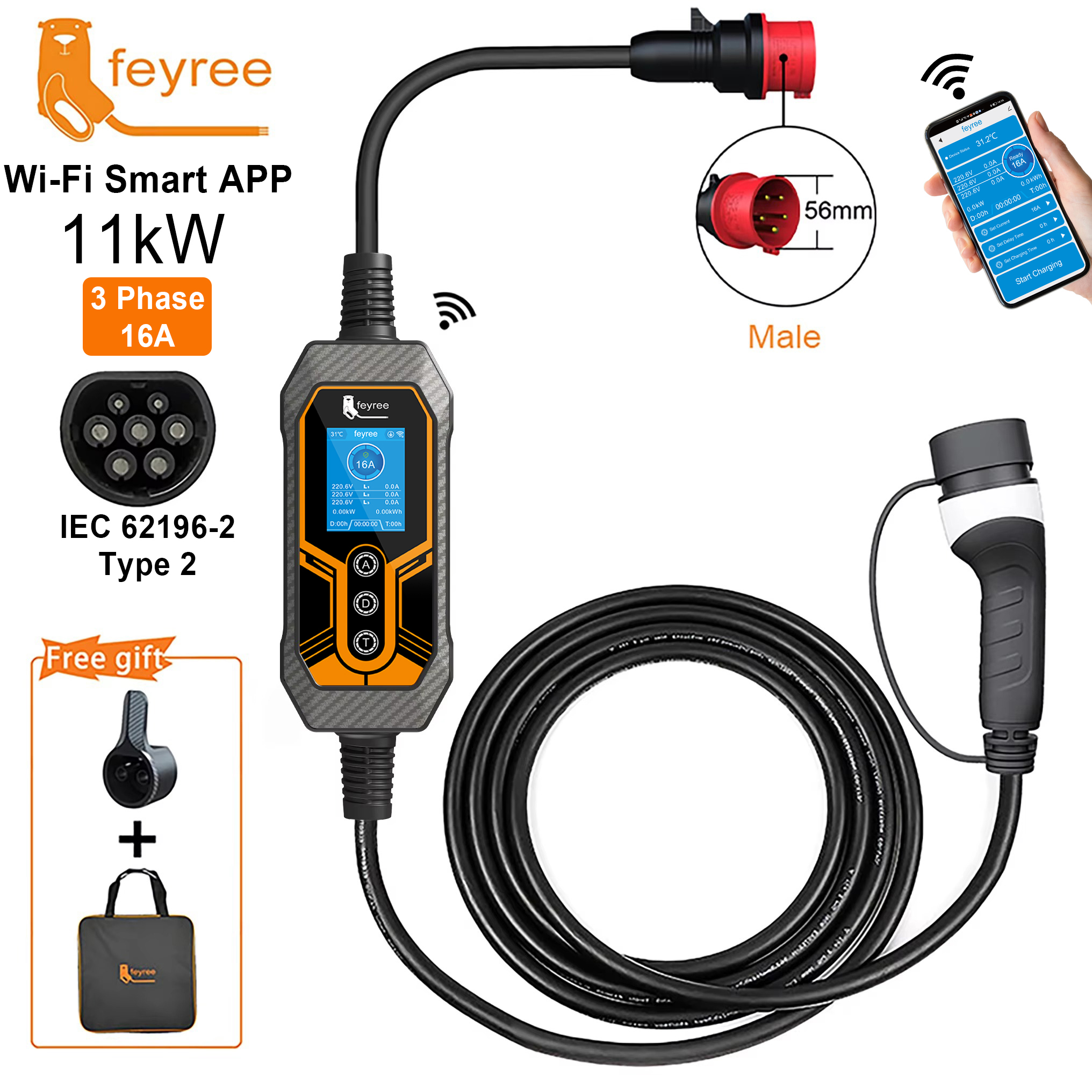 feyree Type 2 Portable EV Charger 11KW 16A 3 Phase Wi-Fi APP Bluetooth Version EVSE Charging Cable 5m CEE Plug for Electric Car