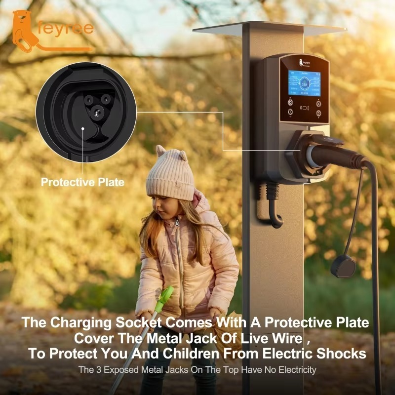 Outdoor EV charging station highlighting a key child safety feature. The charging socket includes a protective plate designed to cover the live wire, preventing accidental electric shocks for children and ensuring safe home charging