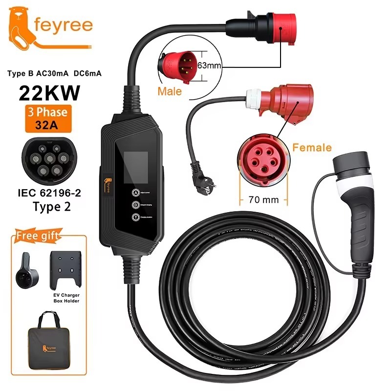 feyree Type2 Portable EV Charger 22KW 32A 3Phase EV Charger EVSE Charging Box 5m Cable with Socket IEC62196-2 for Electric Car
