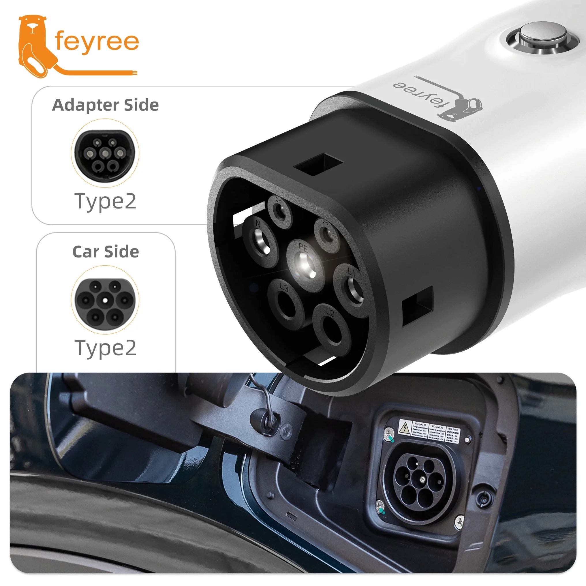 Type 2 V2L adapter with temperature protection and a universal socket, providing safe and reliable power from your EV to external devices.
