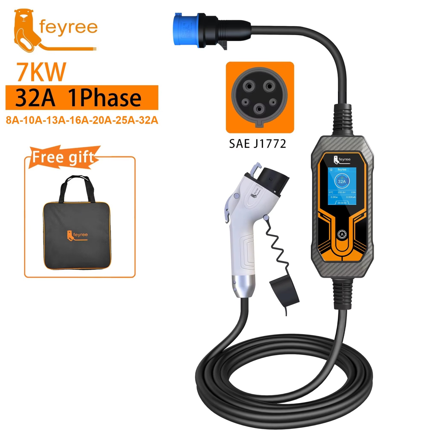 Portable electric car charger 7KW Type1 j1772  32A 1Phase with CEE Socket