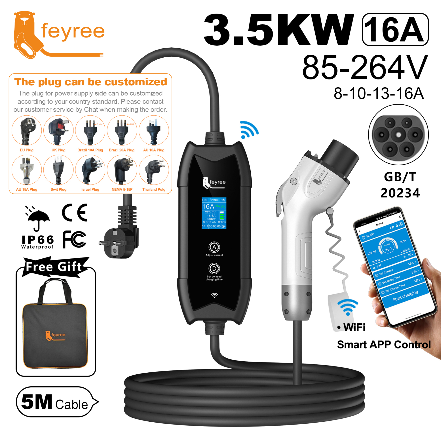 3.5kW EV charger with a GB/T 20234 connector, featuring Wi-Fi smart app control, a 5-meter cable, and a range of customizable plugs for various regions.