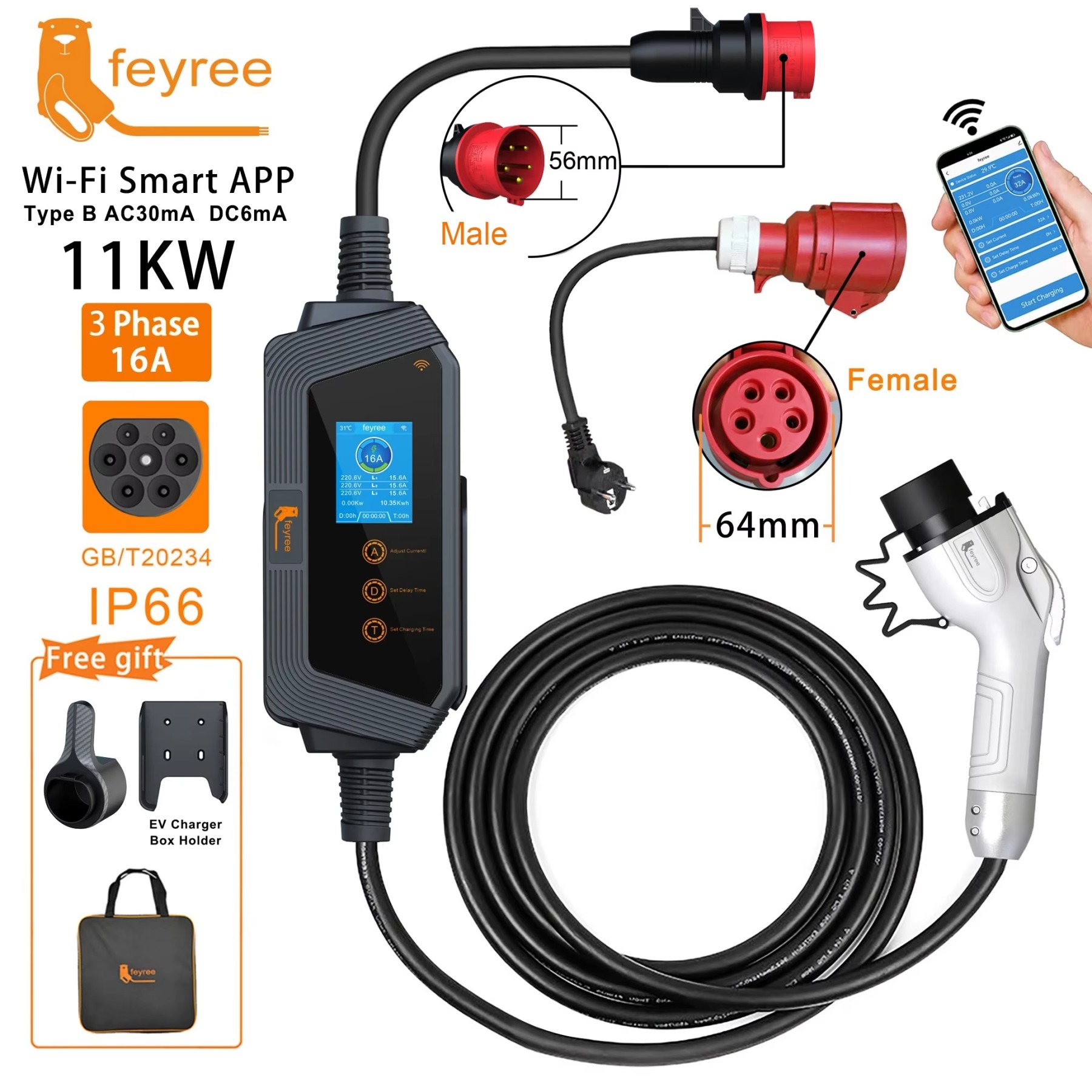 feyree 11KW GB/T Cord EV Portable Charger 11KW 16A 3Phase APP WIFI Control EVSE Charging Box 5m Cable CEE Plugfor Electric Vehicle Car