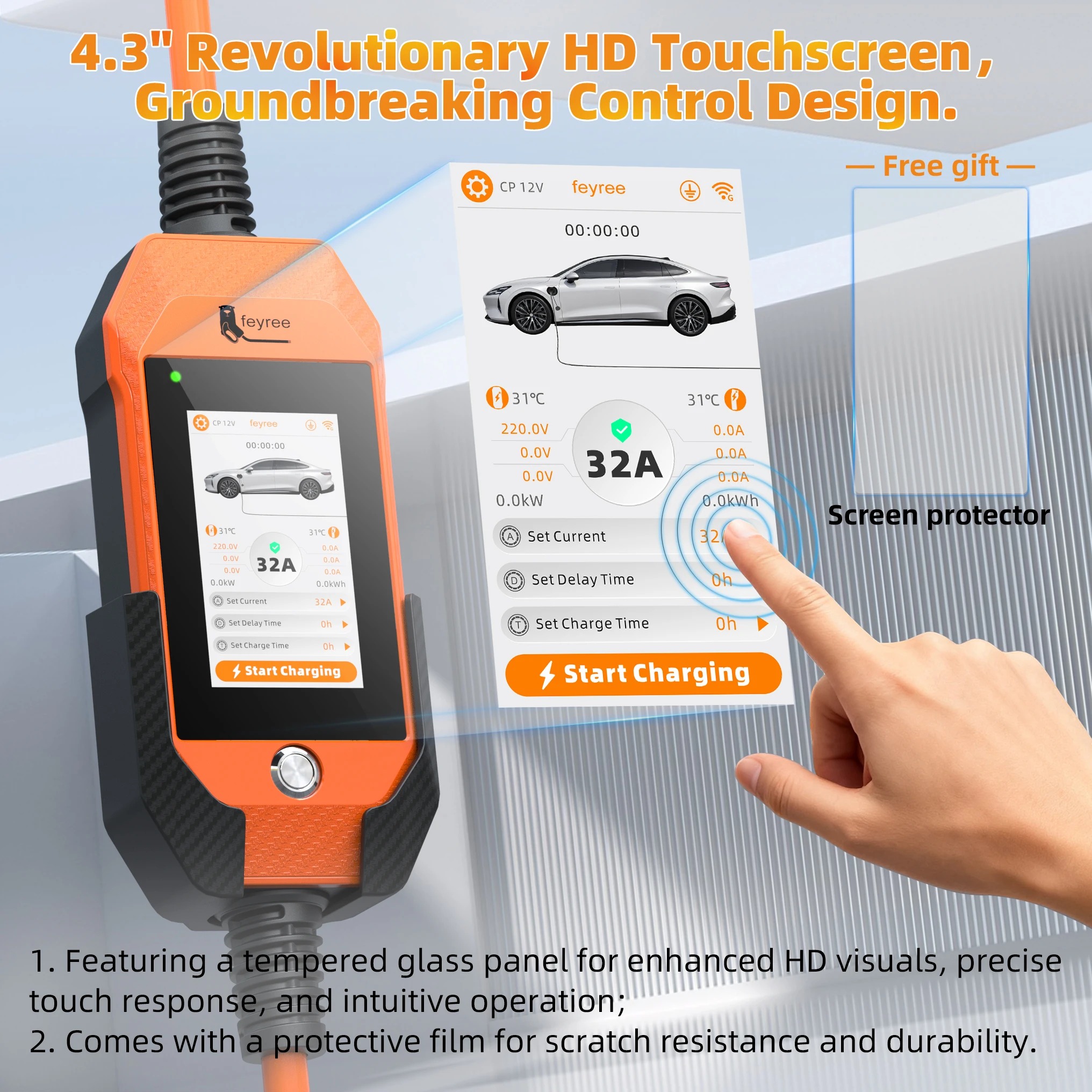 feyree 4.3Inch Touch Screen EV Charger 7kW 32A 1Phase TS-NACS Socket Smart WIFI APP Control EVSE Portable Box for Tesla EV Cars