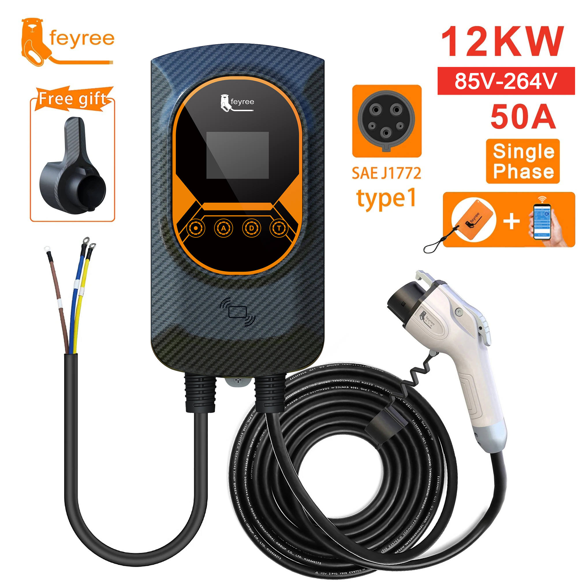 Maximum speed 12kW, 50A, Type 1 EV Wallbox for ultra-fast Level 2 single-phase charging with app control.