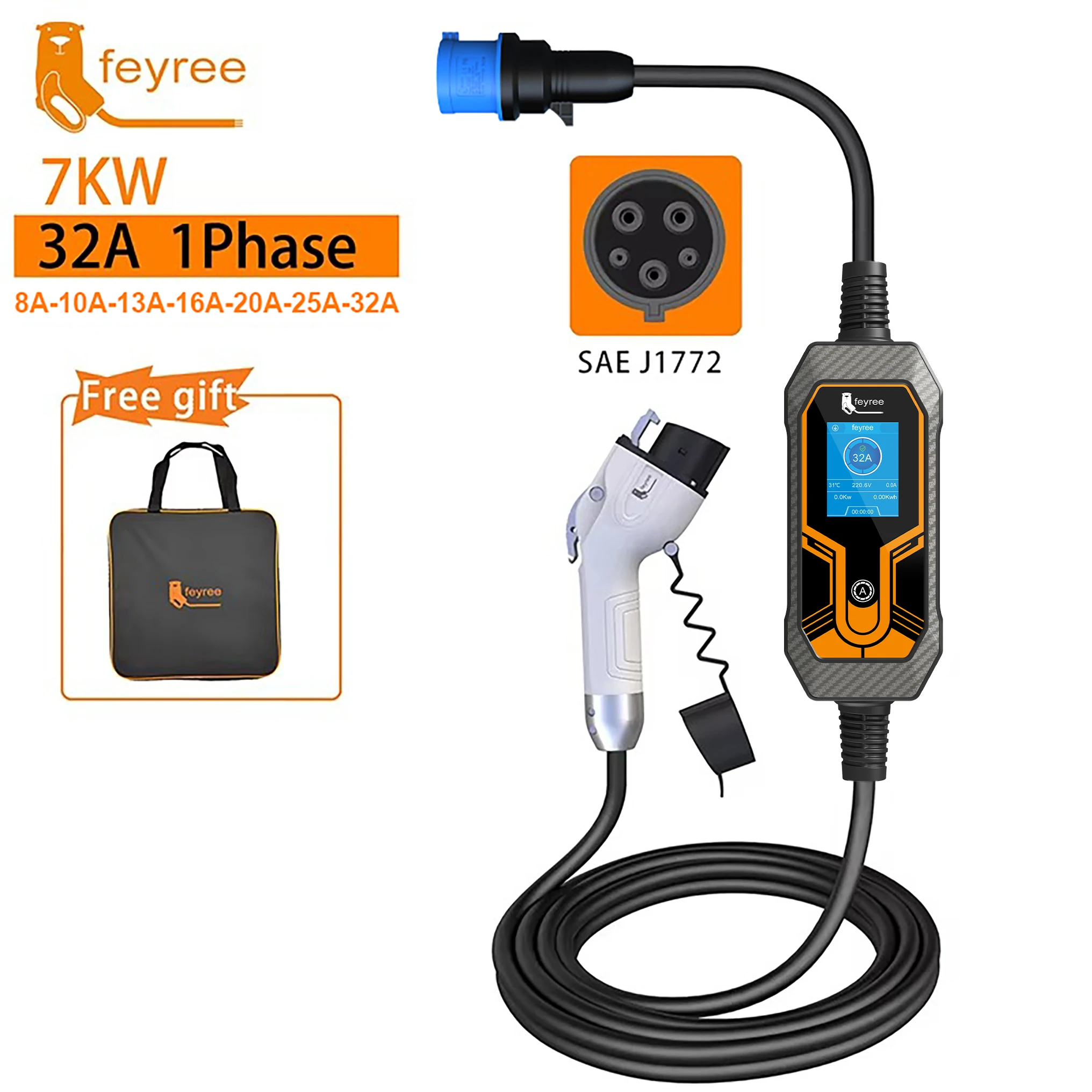 Feyree 7kW 32A portable Type 1 SAE J1772 EV charger with adjustable current, LCD display, and included carrying bag.