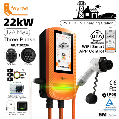 feyree 7Inch 7.6/11/22kW GBT EV Charger APP Control OTA Upgrade Charging Log PV Solar Dynamic Load Balancing Wallbox for Homeuse