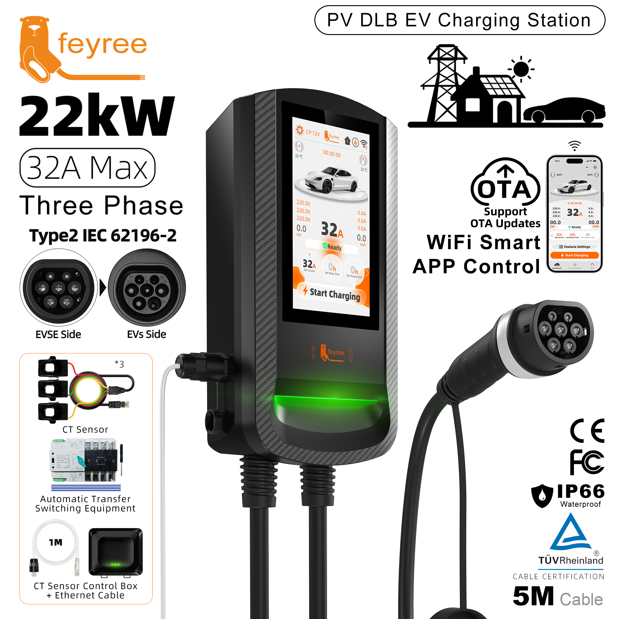 feyree Type 2 PV Solar DLB EV Charger 7/11/22KW Wallbox 7Inch Touch Screen APP Control OTA Upgrade Charging Log Home Wallbox