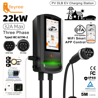 feyree Type 2 PV Solar DLB EV Charger 7/11/22KW Wallbox 7Inch Touch Screen APP Control OTA Upgrade Charging Log Home Wallbox