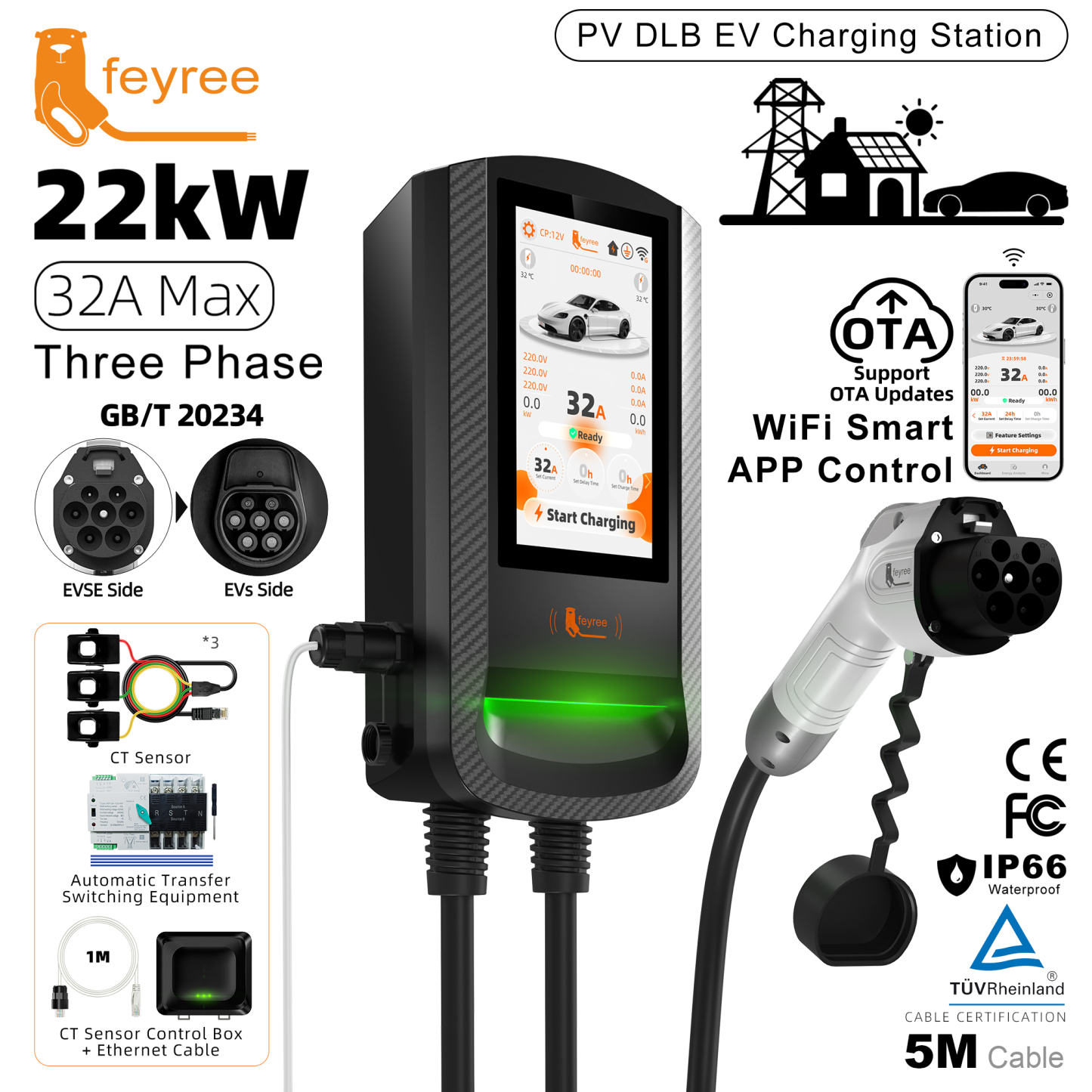 feyree GBT EV Charger 7 Inch Touch Screen APP Control OTA Upgrade Charging Log PV Solar DLB Home Wallbox for EV Cars Charging