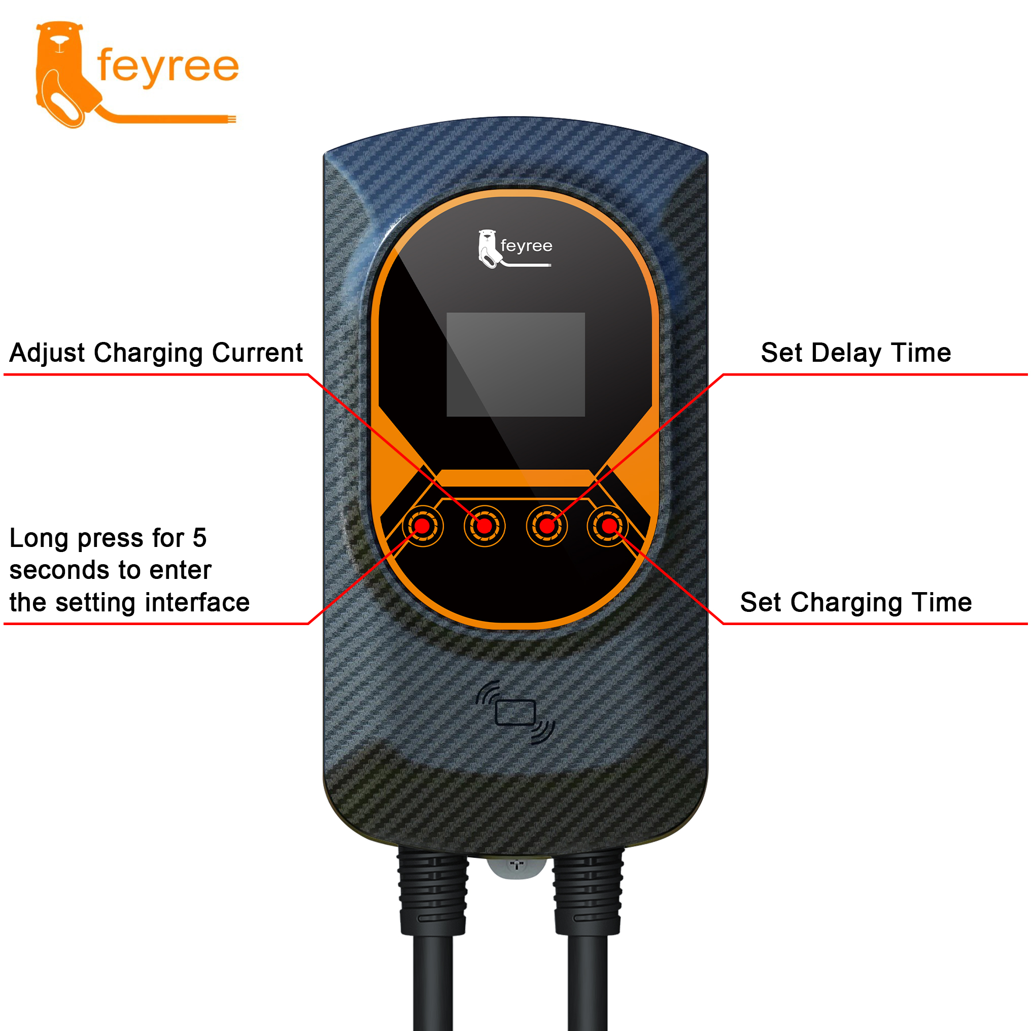 Controllable EV Wallbox with intuitive buttons for current adjustment, delay time, and off-peak charging schedule.