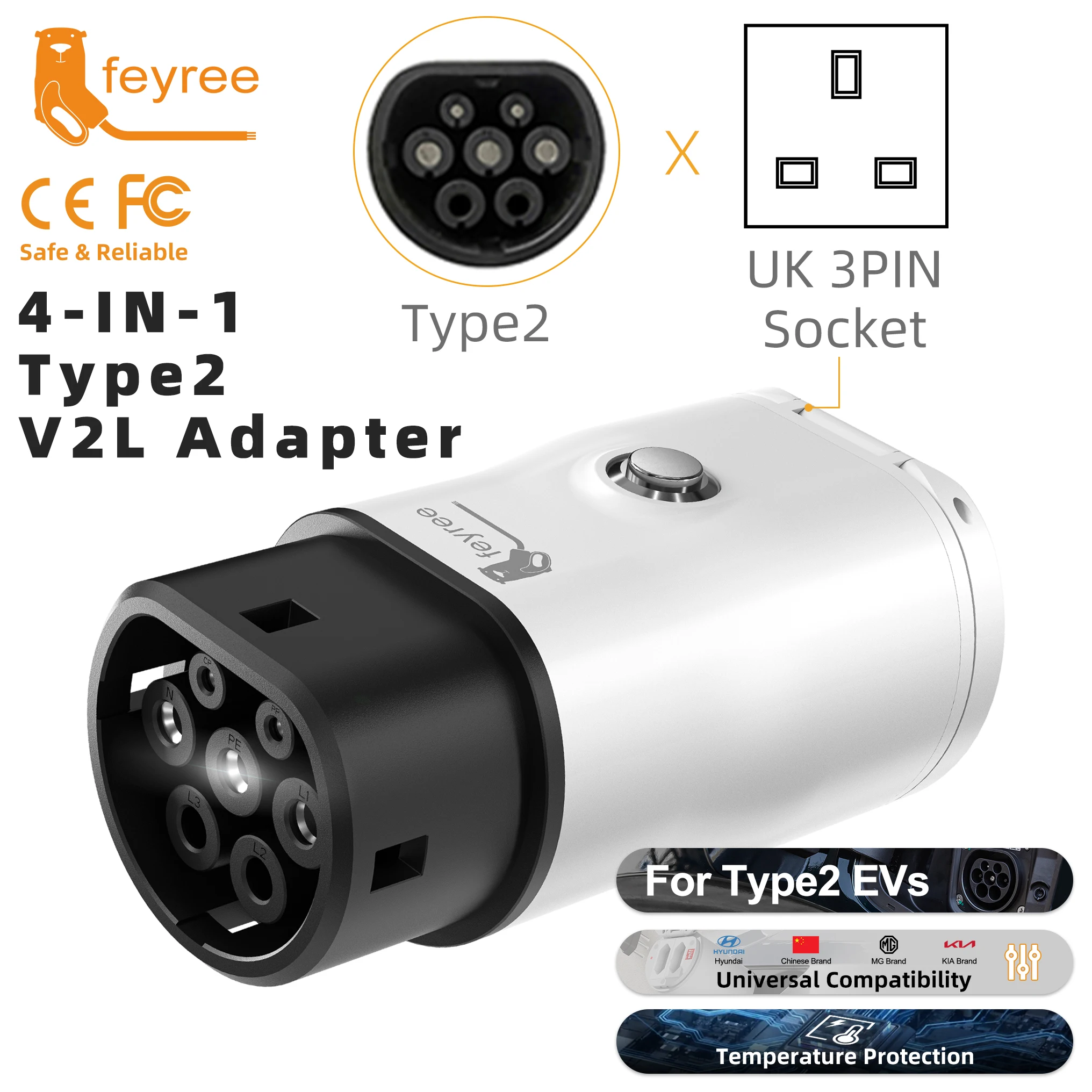 Feyree Portable Type2 V2L Adapter with Power Adjust Switch for Chinese EV Car