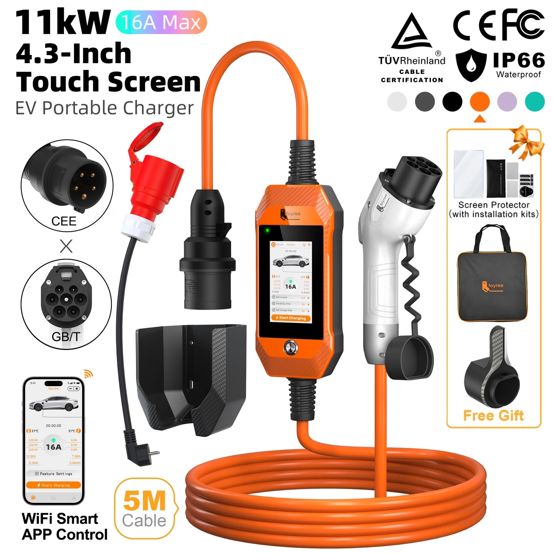 feyree EV Charger GB/T 11kW 16A 3P Car Charger 4.3inch TouchScreen Smart WIFI APP Control EVSE Charging Box with 6 Colors Option