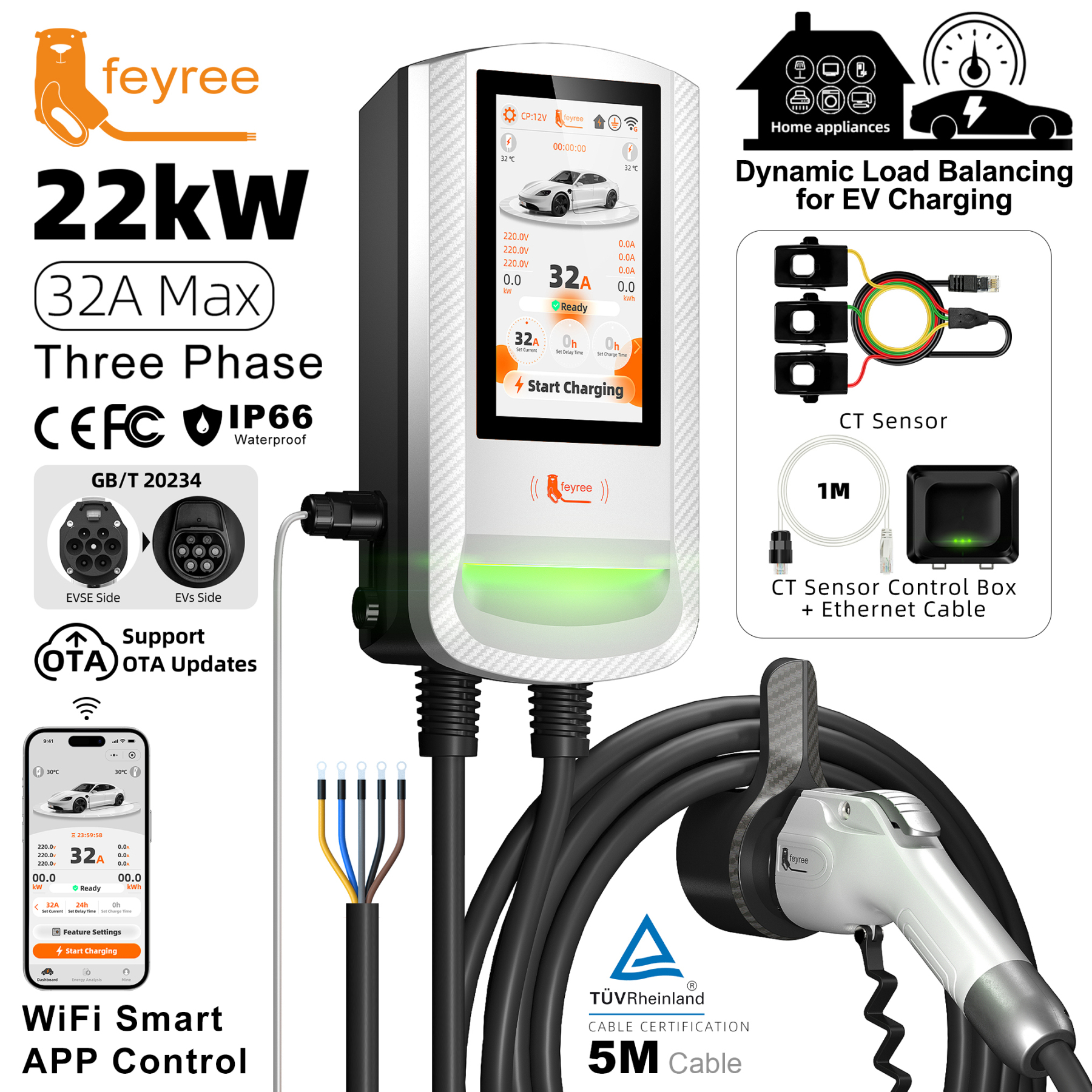 Feyree GBT 22kW 32A 3 Phase Touch Screen EV Wallbox Smart DLB APP Control & Charging Log EV Charging Station for Outdoor Use