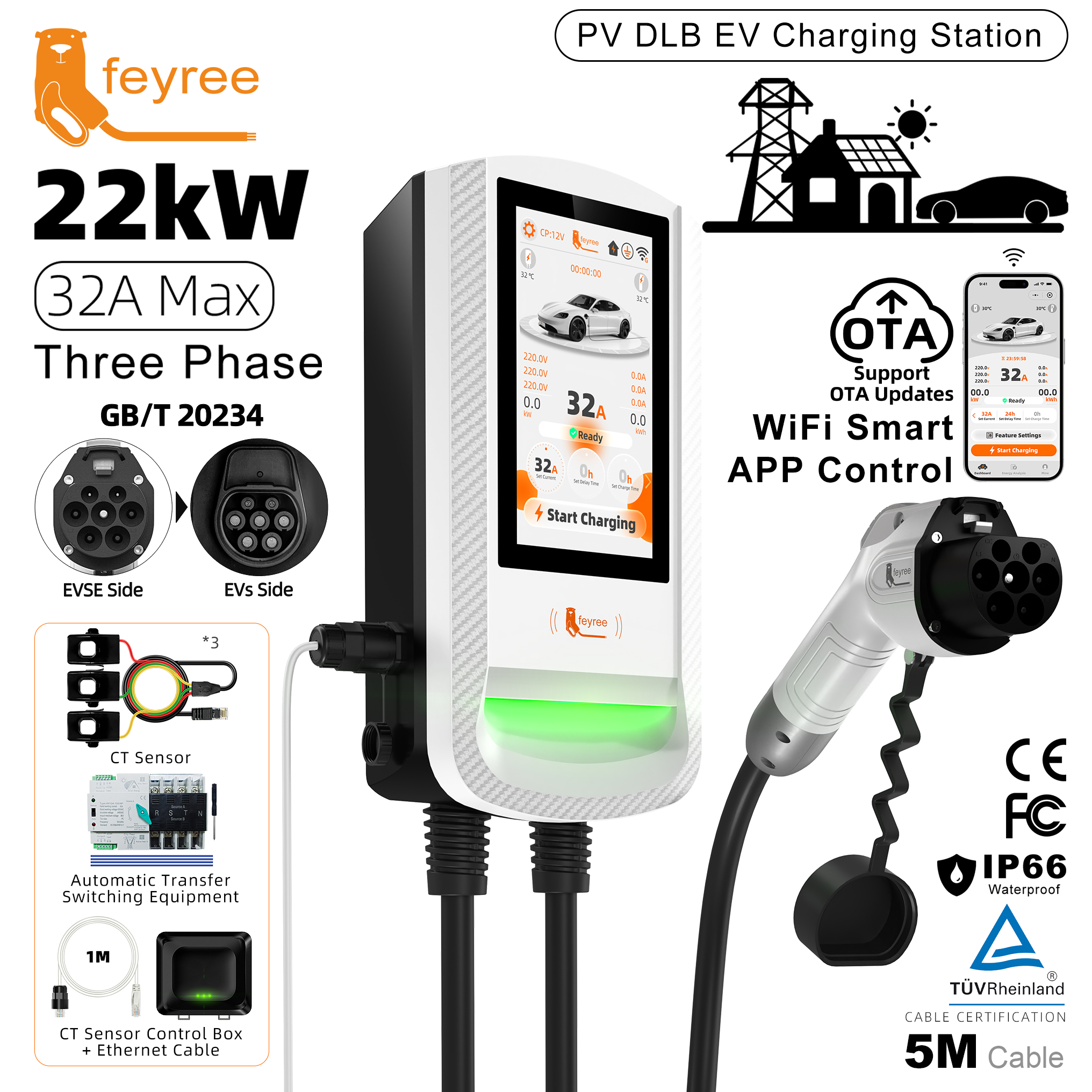 [Copy]feyree GBT EV Charger 7 Inch Touch Screen APP Control OTA Upgrade Charging Log PV Solar DLB Home Wallbox for EV Cars Charging