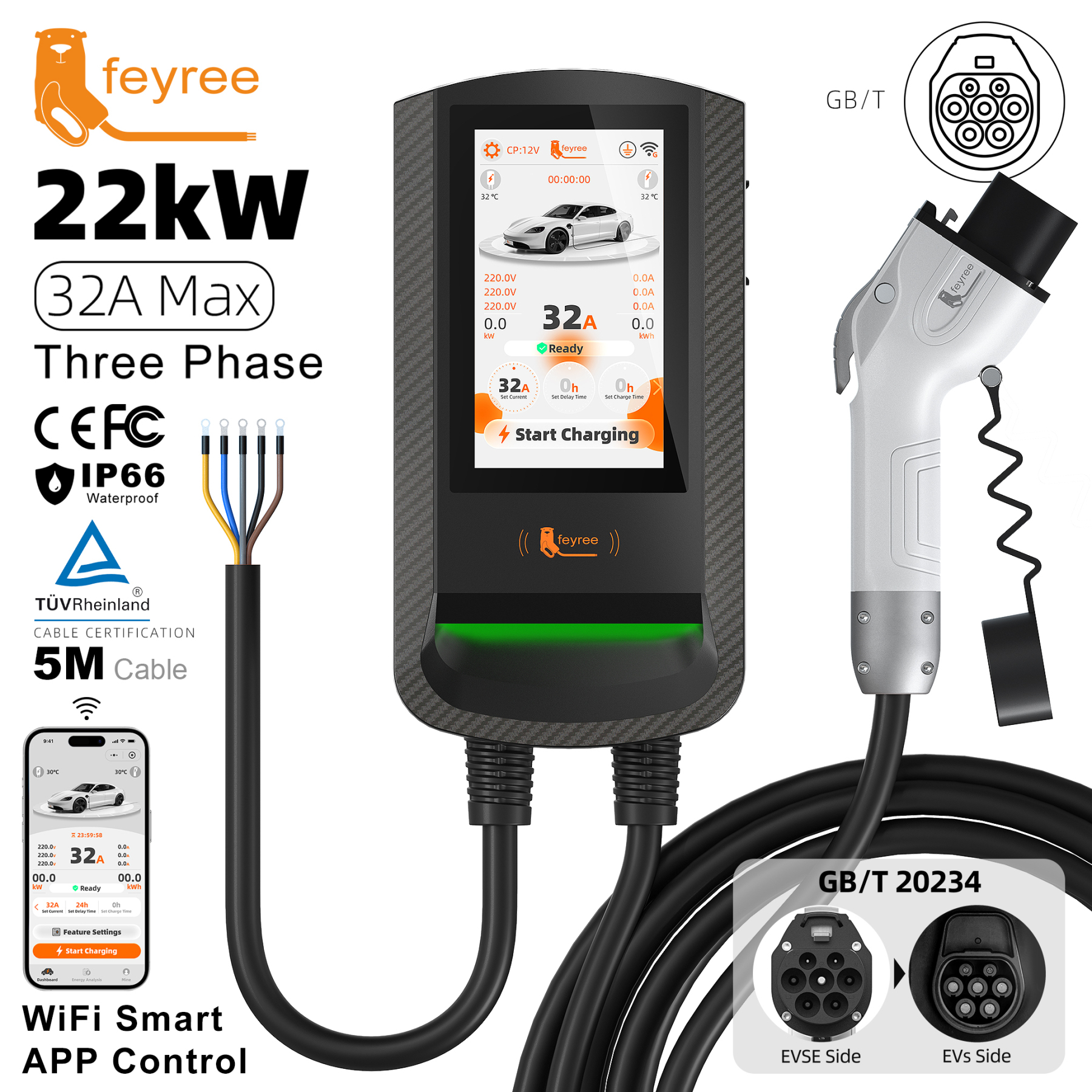 feyree GBT EV Wallbox RFID Card&Smart APP Control 7Inch Touch Screen OTA Upgrade Charging Log Home Charging Station for EV cars
