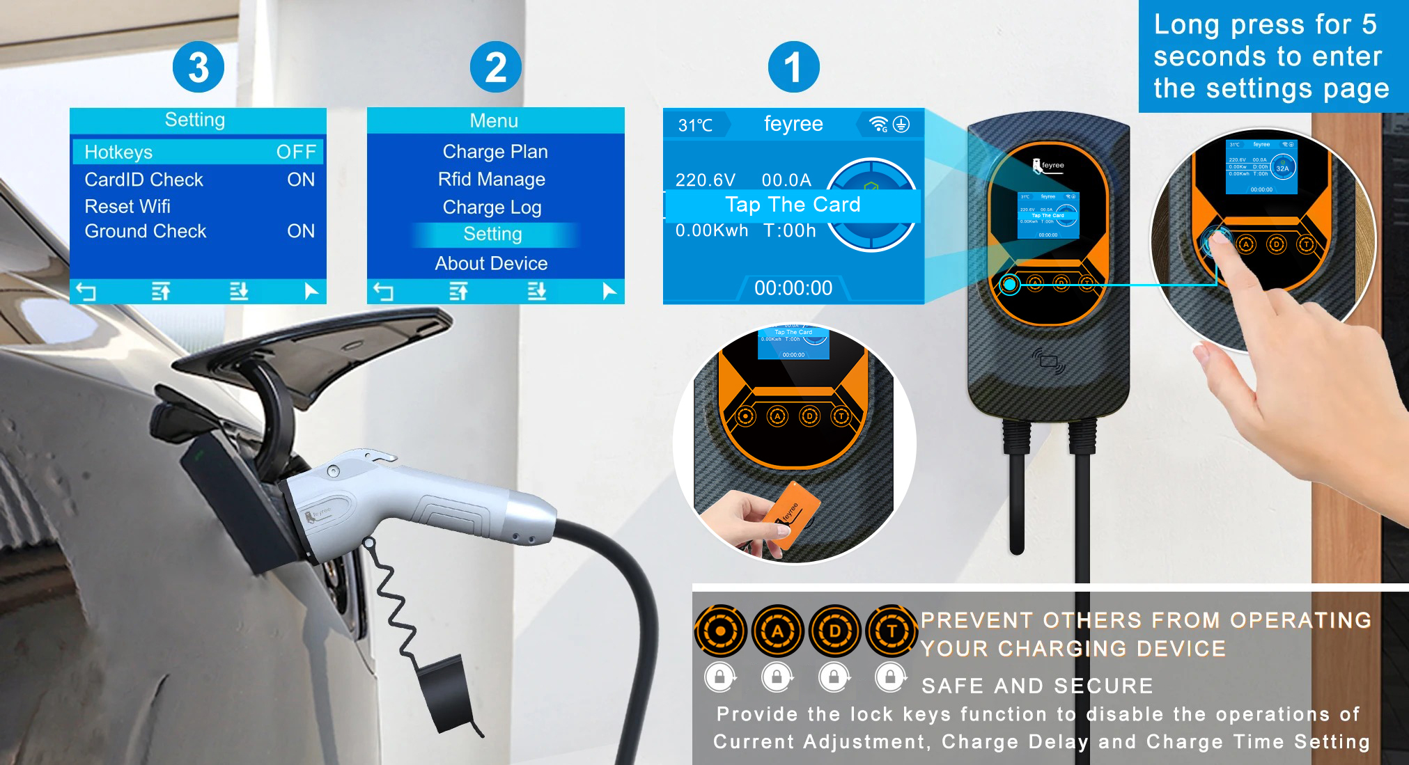 Secure EV Wallbox with RFID card access and menu lock to prevent unauthorized current adjustment and schedule changes.