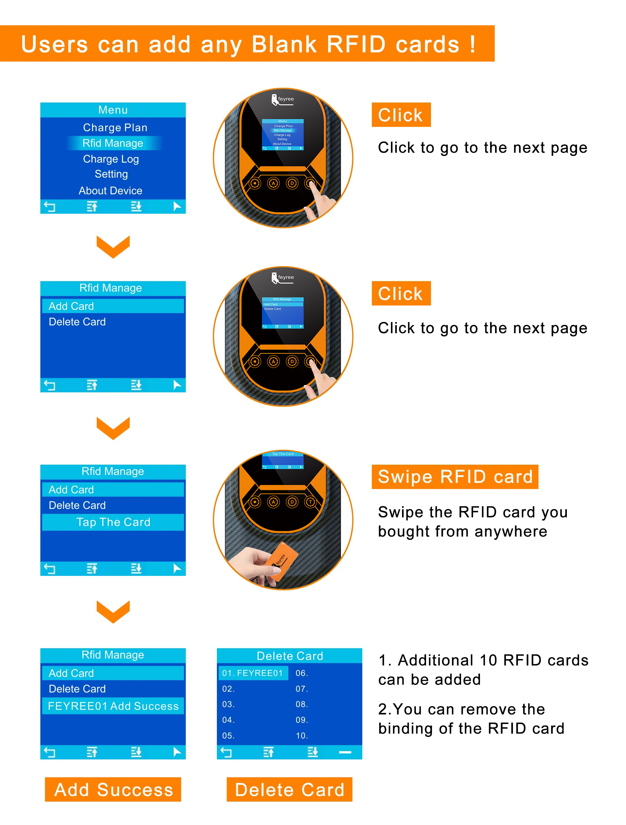 EV wallbox charger with easy RFID card management for securely adding up to 10 users.