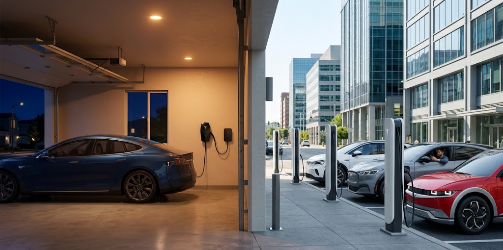 Split-view of a car charging in a home garage at night and at a public urban station during the day.