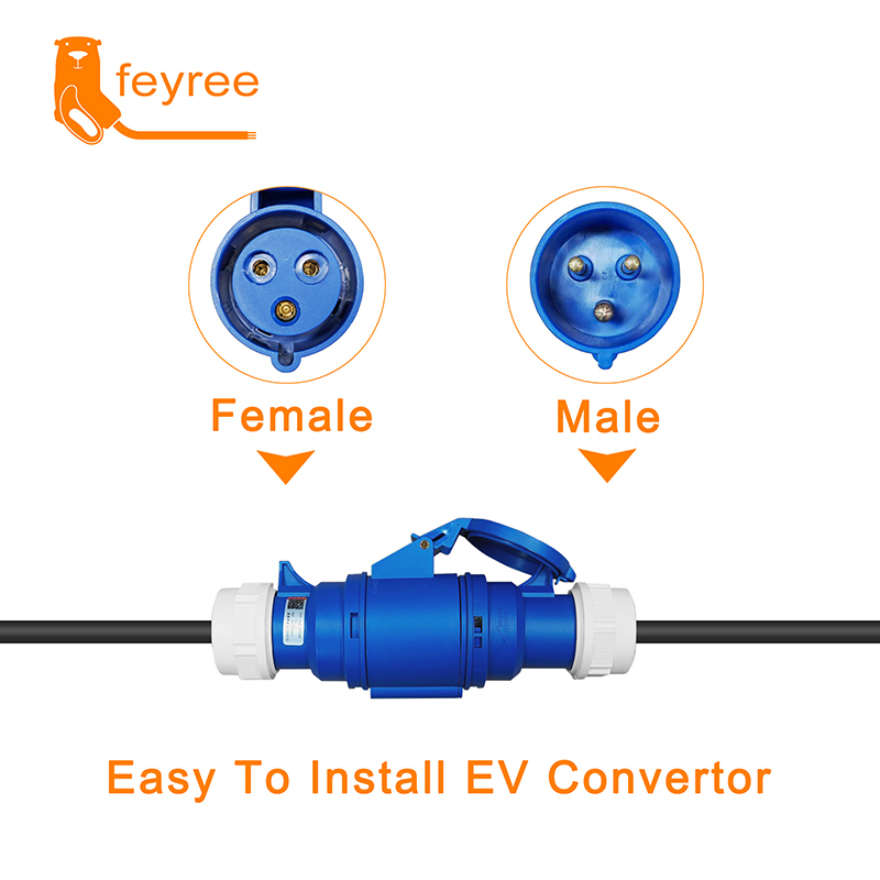 
Durable blue CEE EV charger plug connector (male and female) with cable pigtail for robust and reliable industrial charging.
