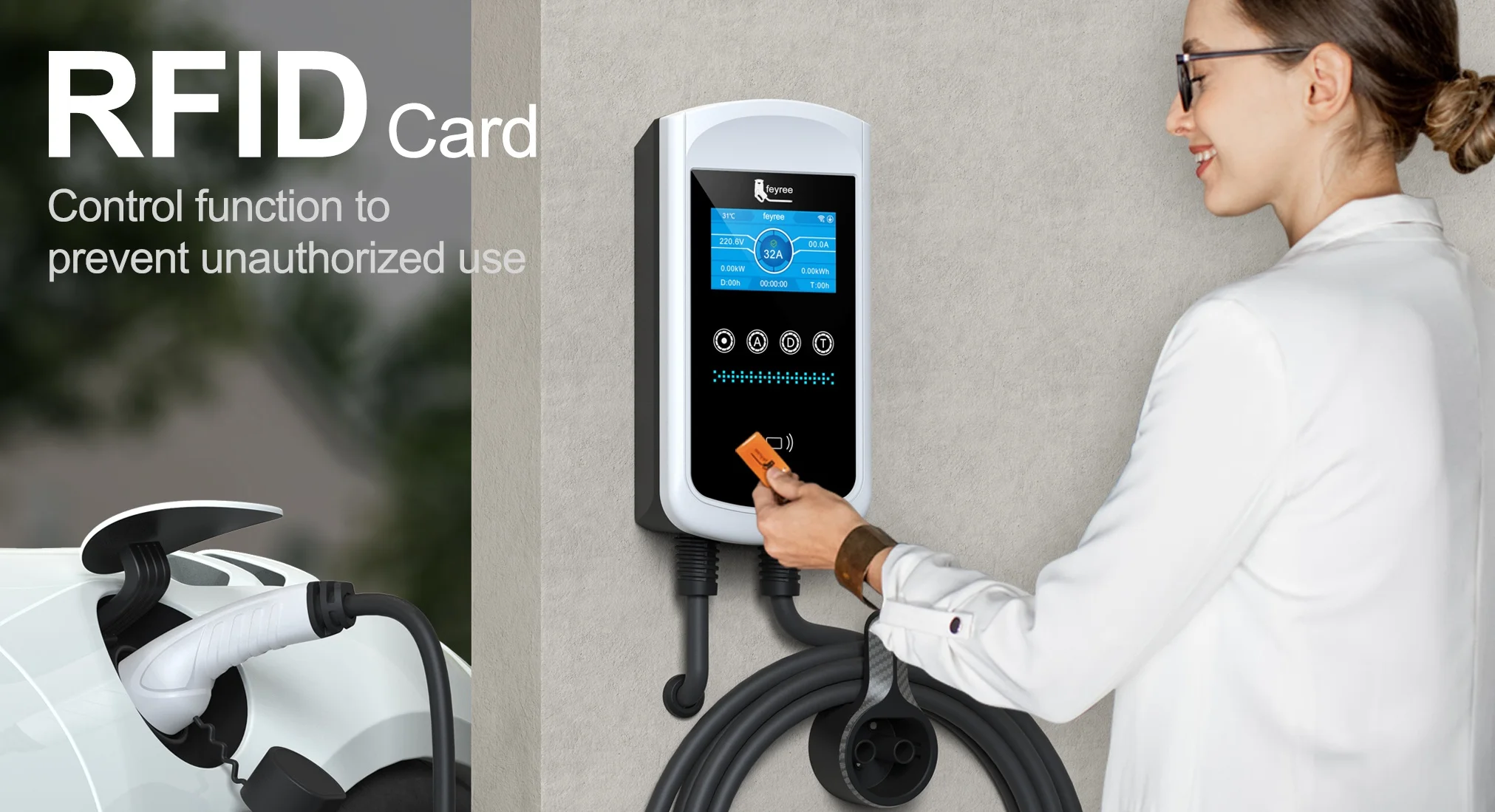 Portable 11kW Type 2 EV charger with 99.95% pure copper cable, CEE plug, and Schuko adapter for reliable, quality charging.