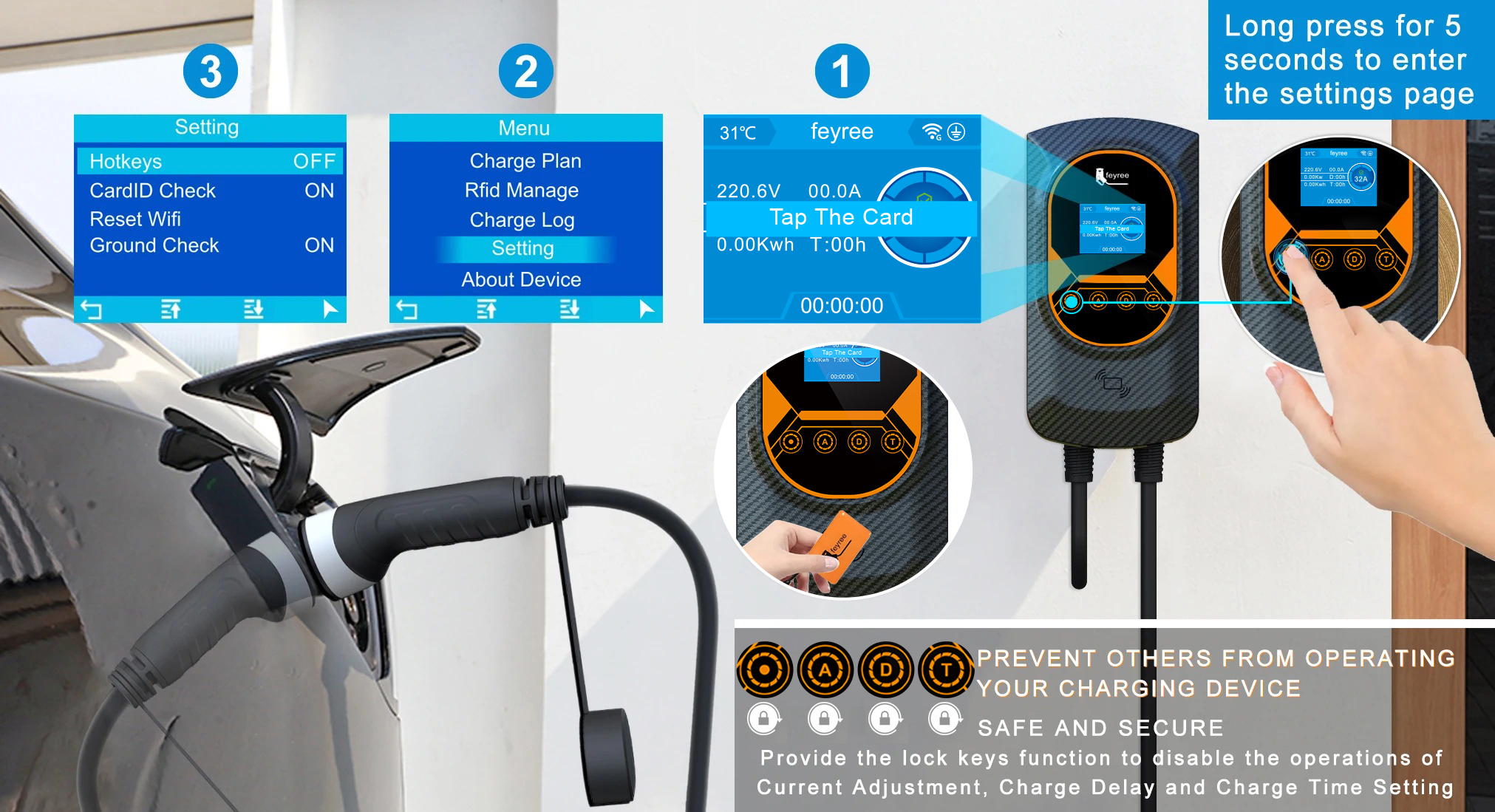 Secure 32A EV charger with switchable RFID card access for private or public plug and play charging control.