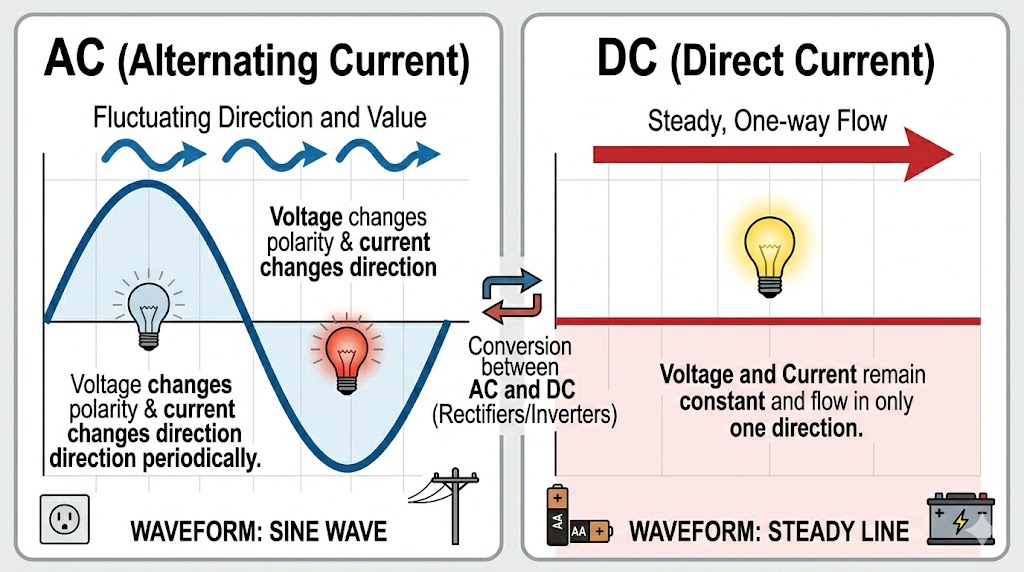 Comparison chart of AC sine wave and DC steady line, illustrating current flow differences.