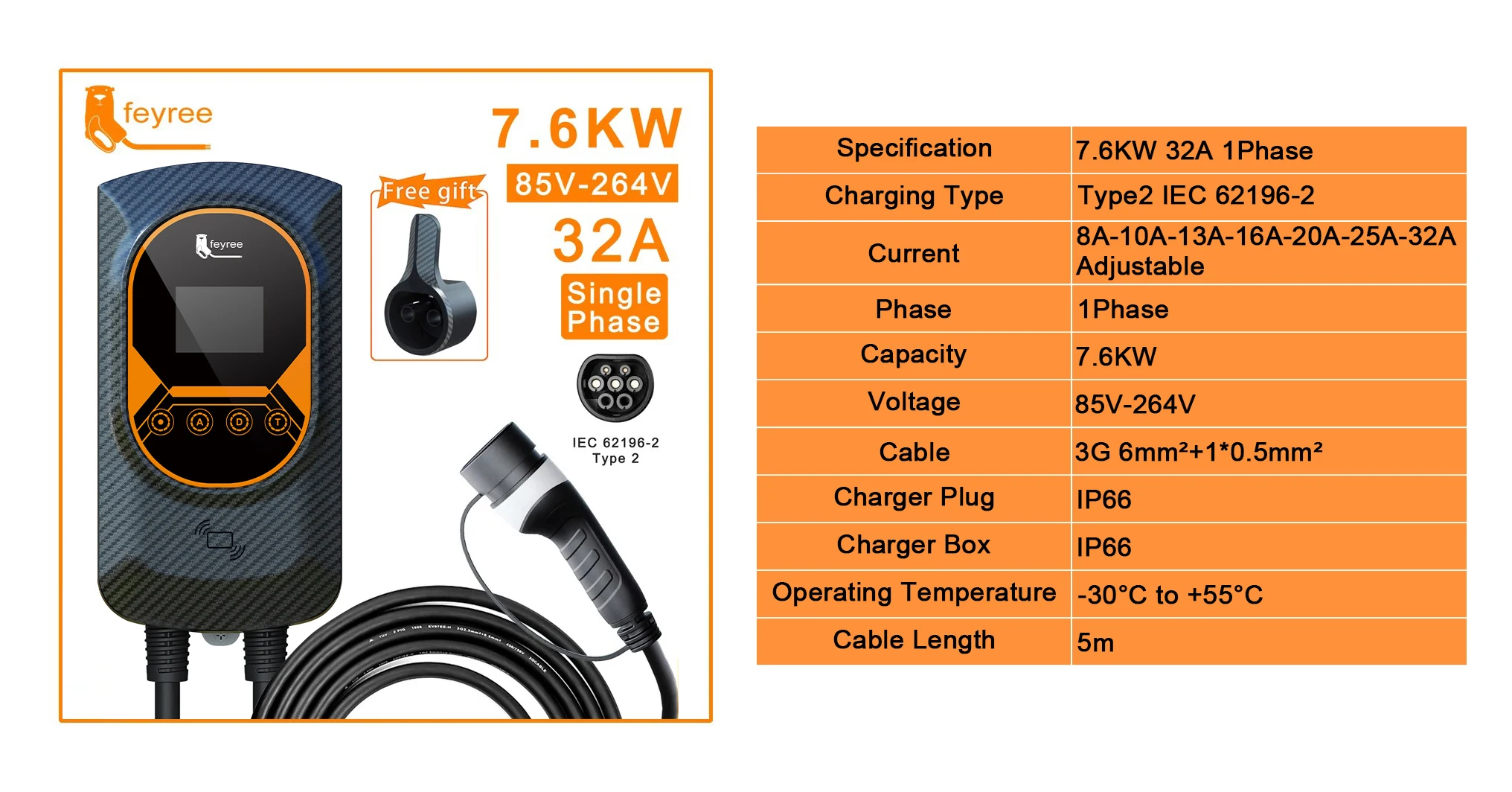 6kW Type 2 portable EV charger with 32A adjustable current and 5m cable for fast, reliable home or travel charging.