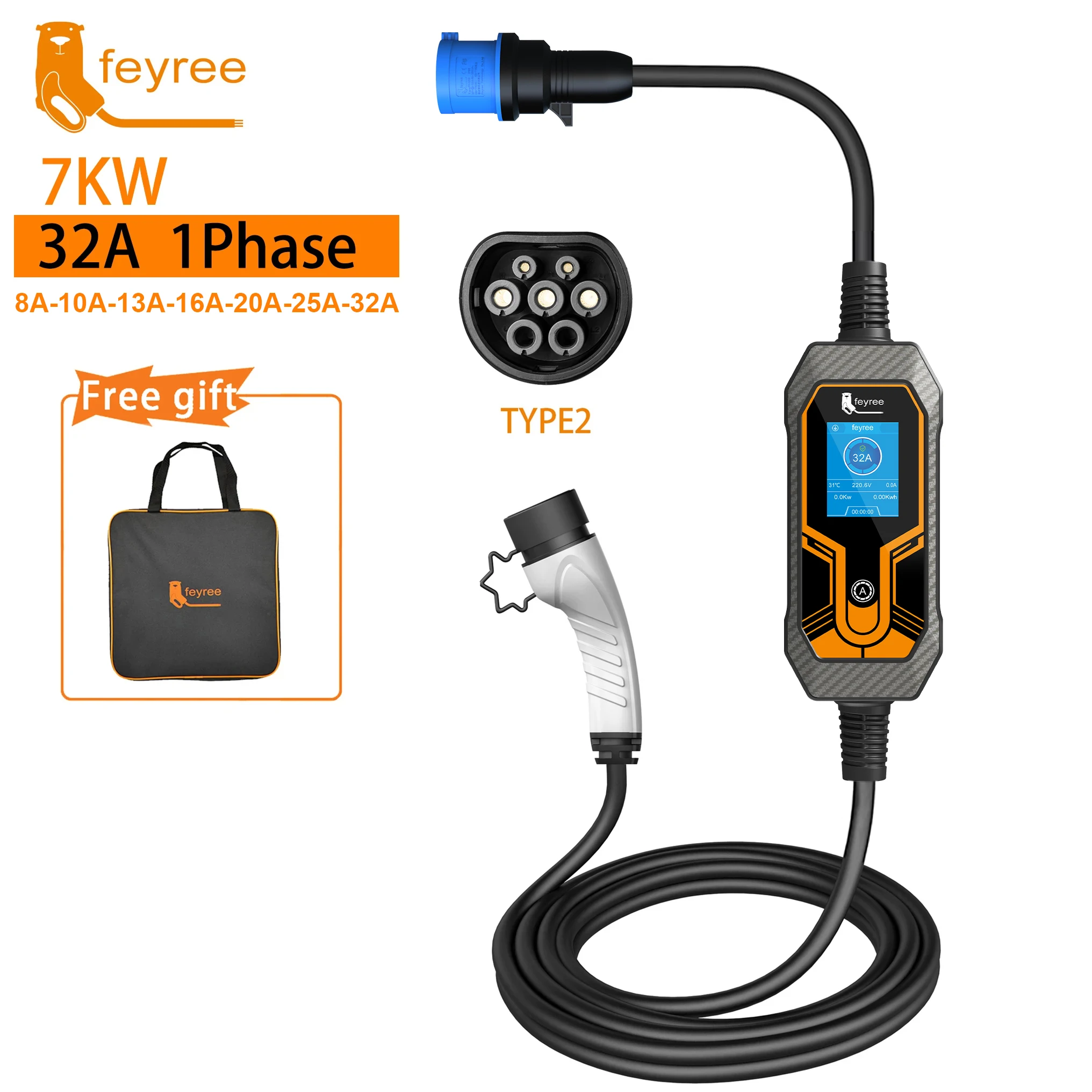 Powerful 7kW portable EV charger with adjustable 32A Type 2 plug and travel bag for flexible and fast charging on the go.