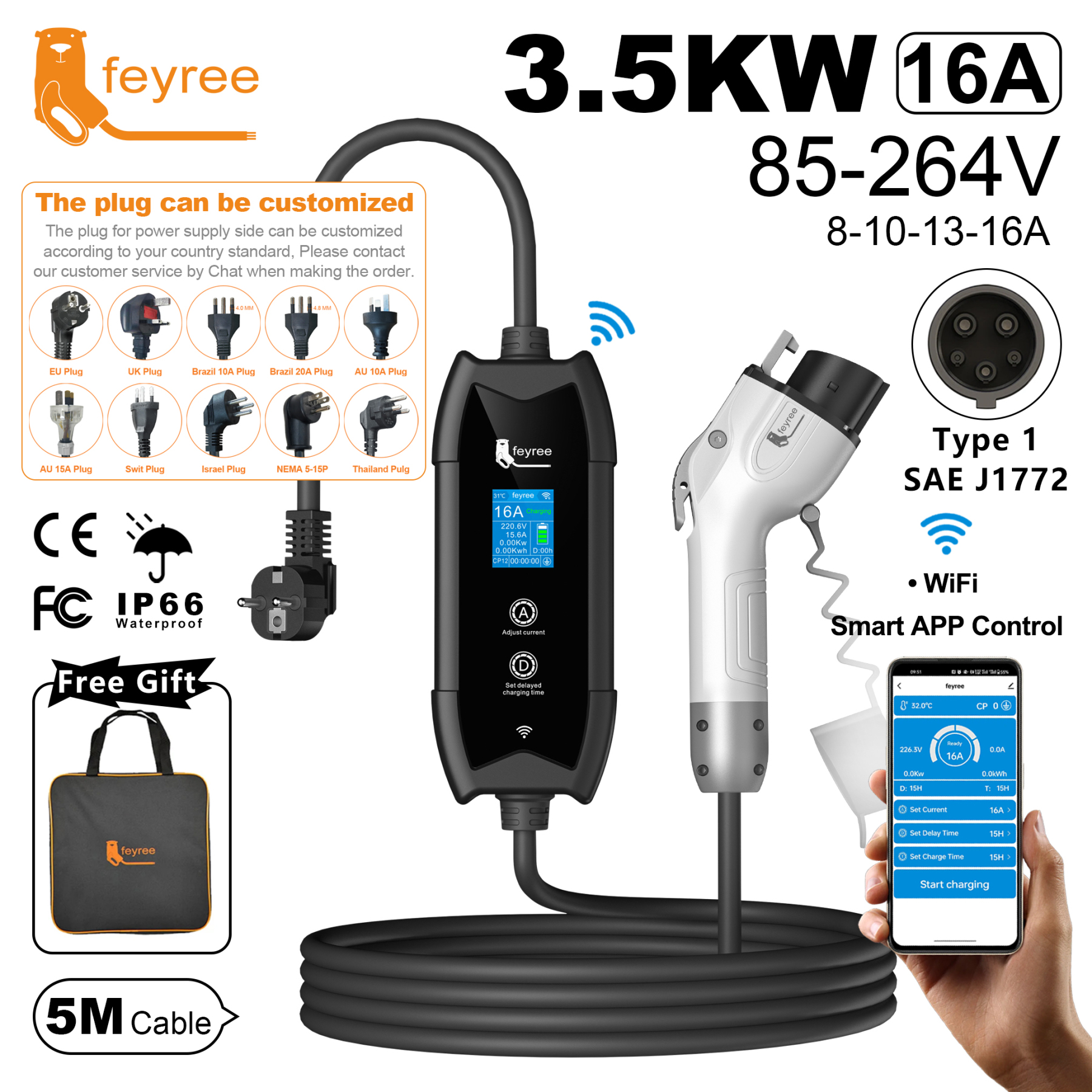 
Portable 3.5kW EV charger with a Type 1 SAE J1772 connector, 5-meter cable, and a selection of international power plugs, along with a free carrying bag.