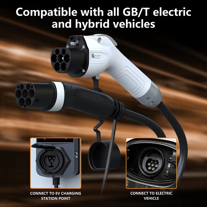 High-compatibility EV charging cable with GB/T connector for electric and hybrid vehicles, featuring Type 2 plug for charging stations, ensuring reliable charging for most EVs.